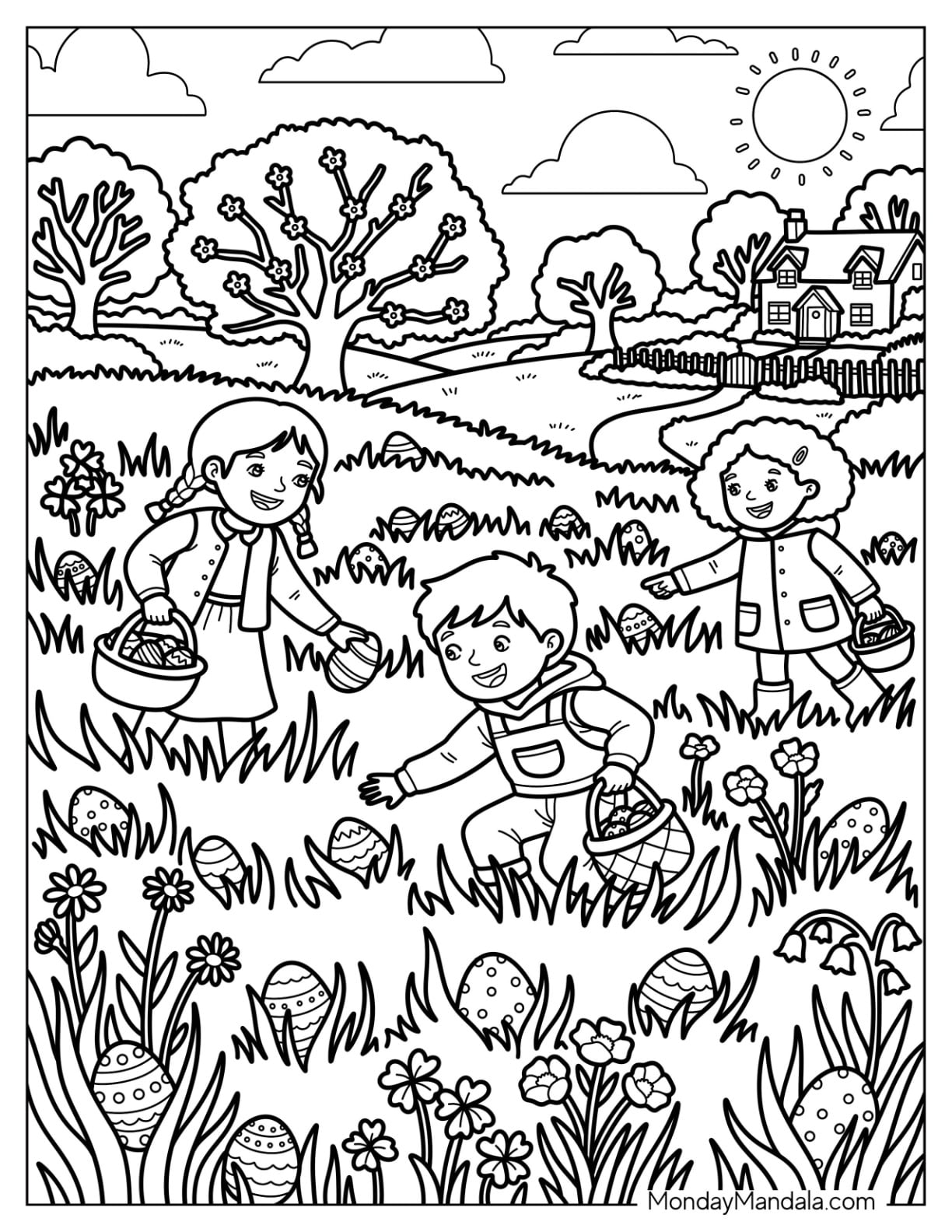 Children Hunting Easter Eggs in a Spring Meadow Coloring Page