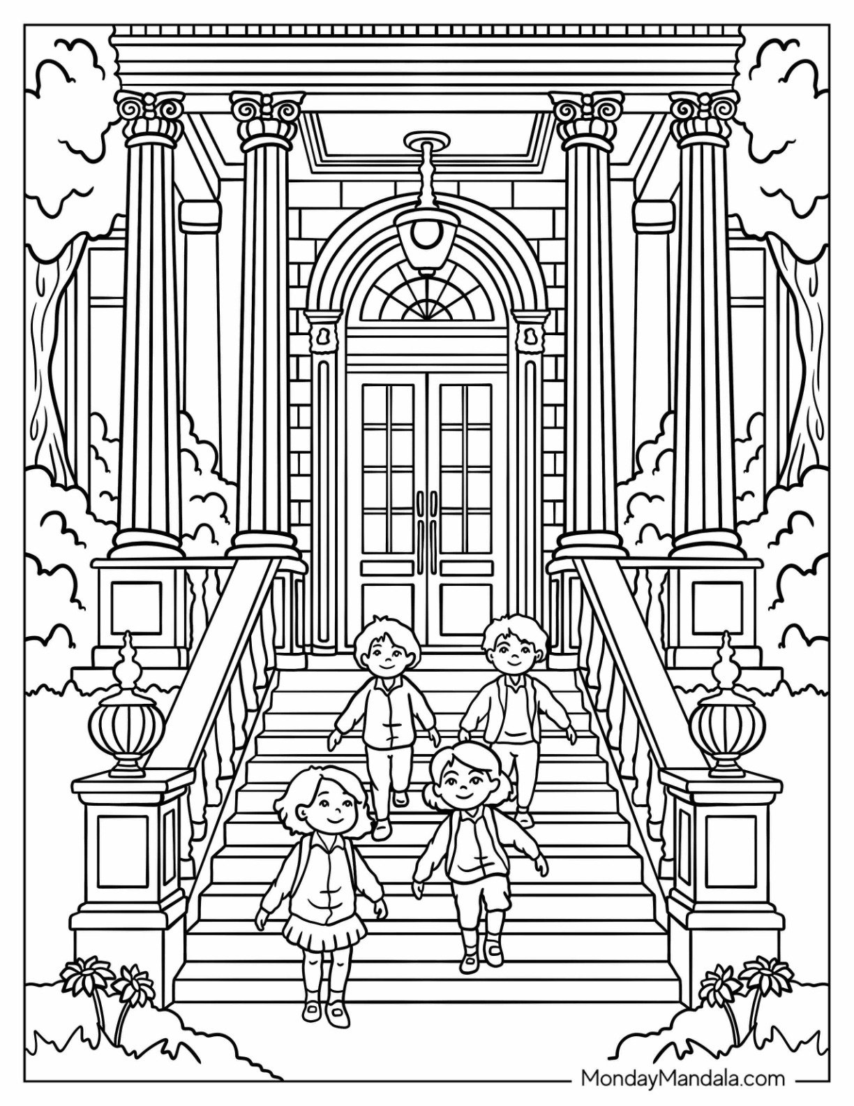 Children Leaving Grand Library Coloring Page Building with Pillars and Stone Steps
