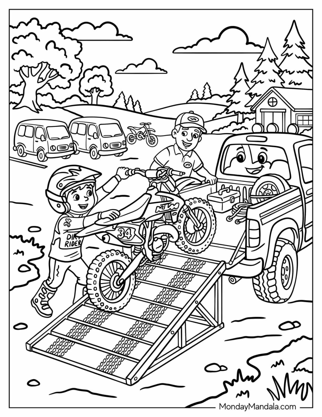 Children Loading a Dirt Bike onto a Pickup Truck Coloring Page