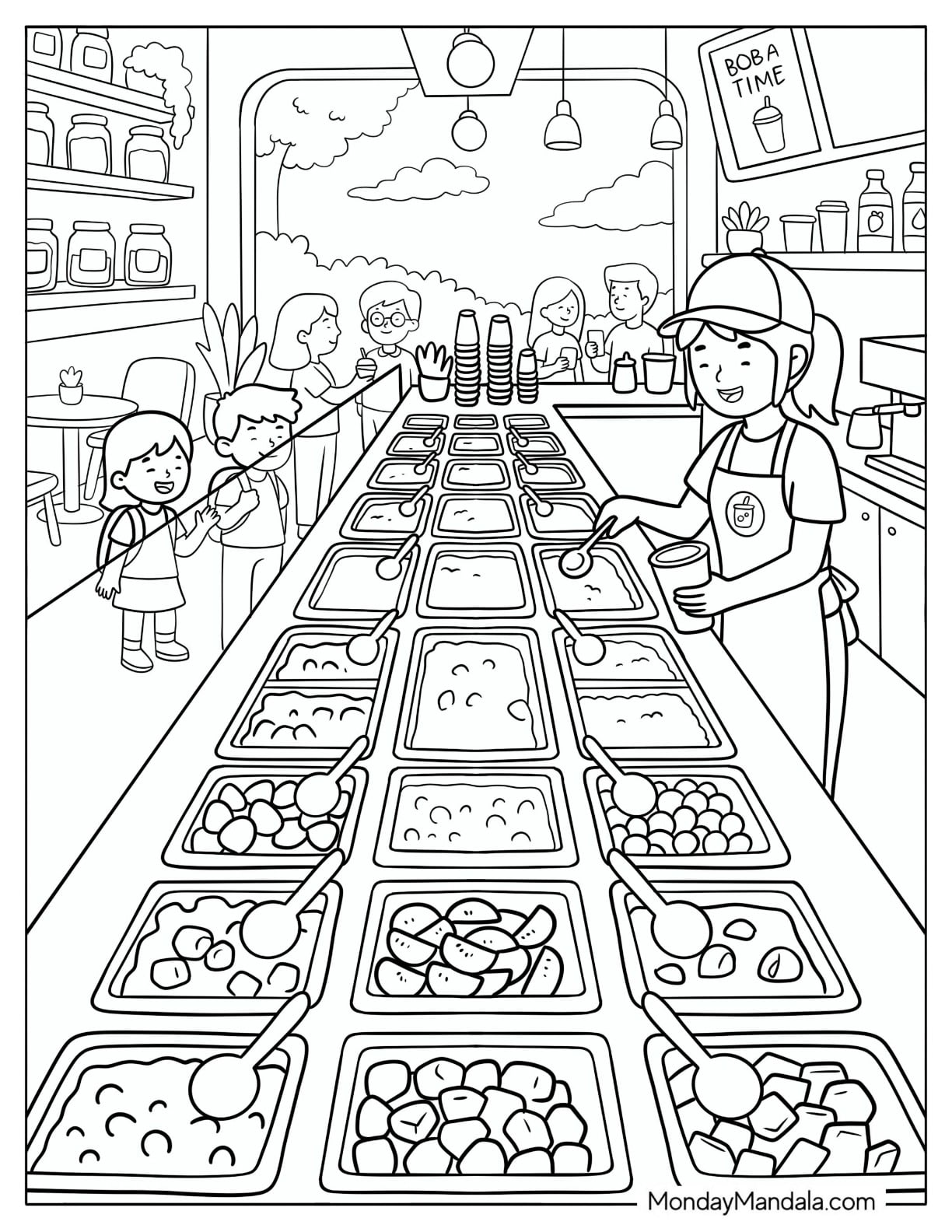 Children Ordering Boba Tea in a Cafe Coloring Sheet