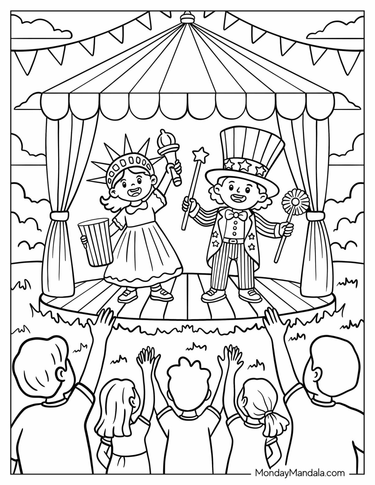 Children Performing as Uncle Sam and Lady Liberty in a 4th of July Coloring Page Show for Kids