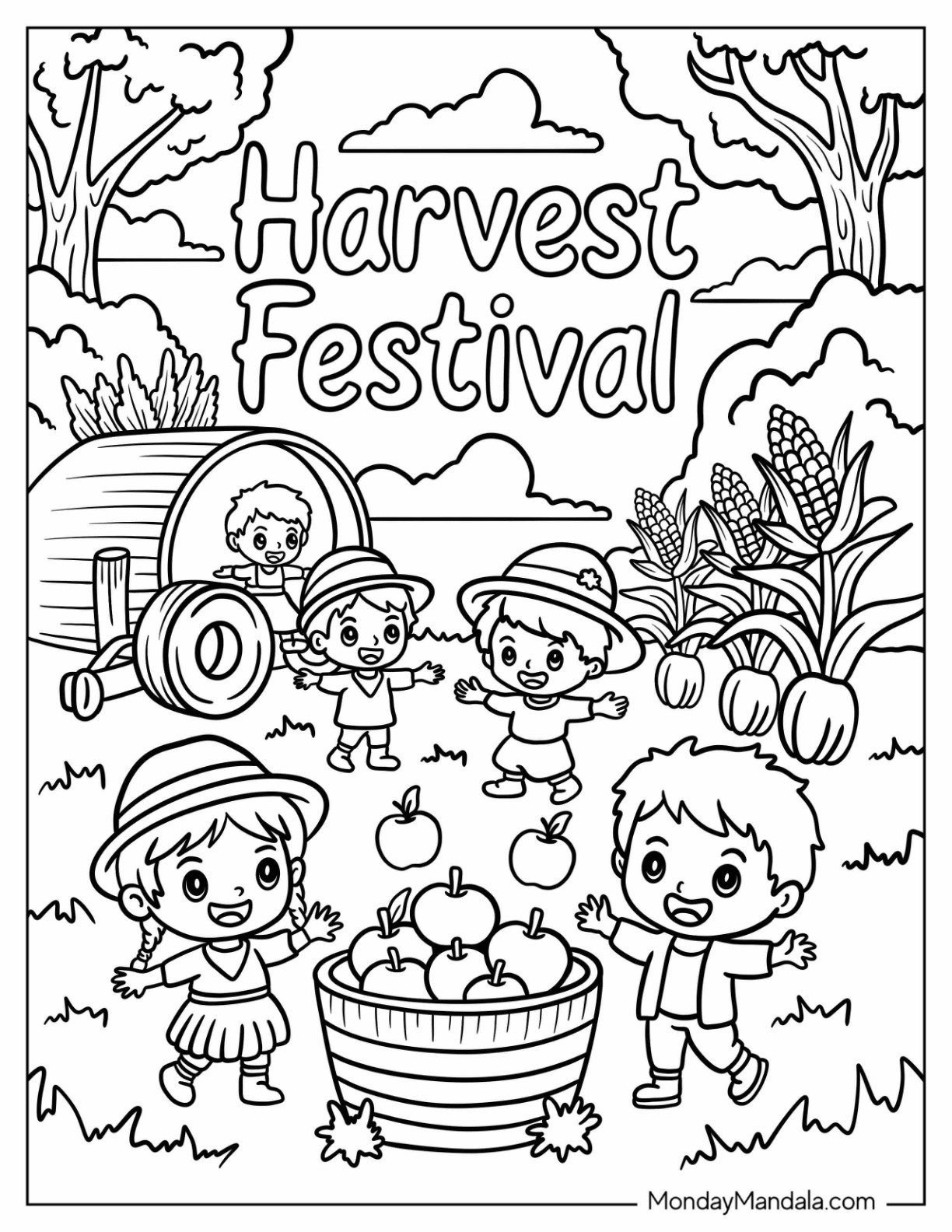 Children Picking Apples at the Harvest Festival Coloring Page