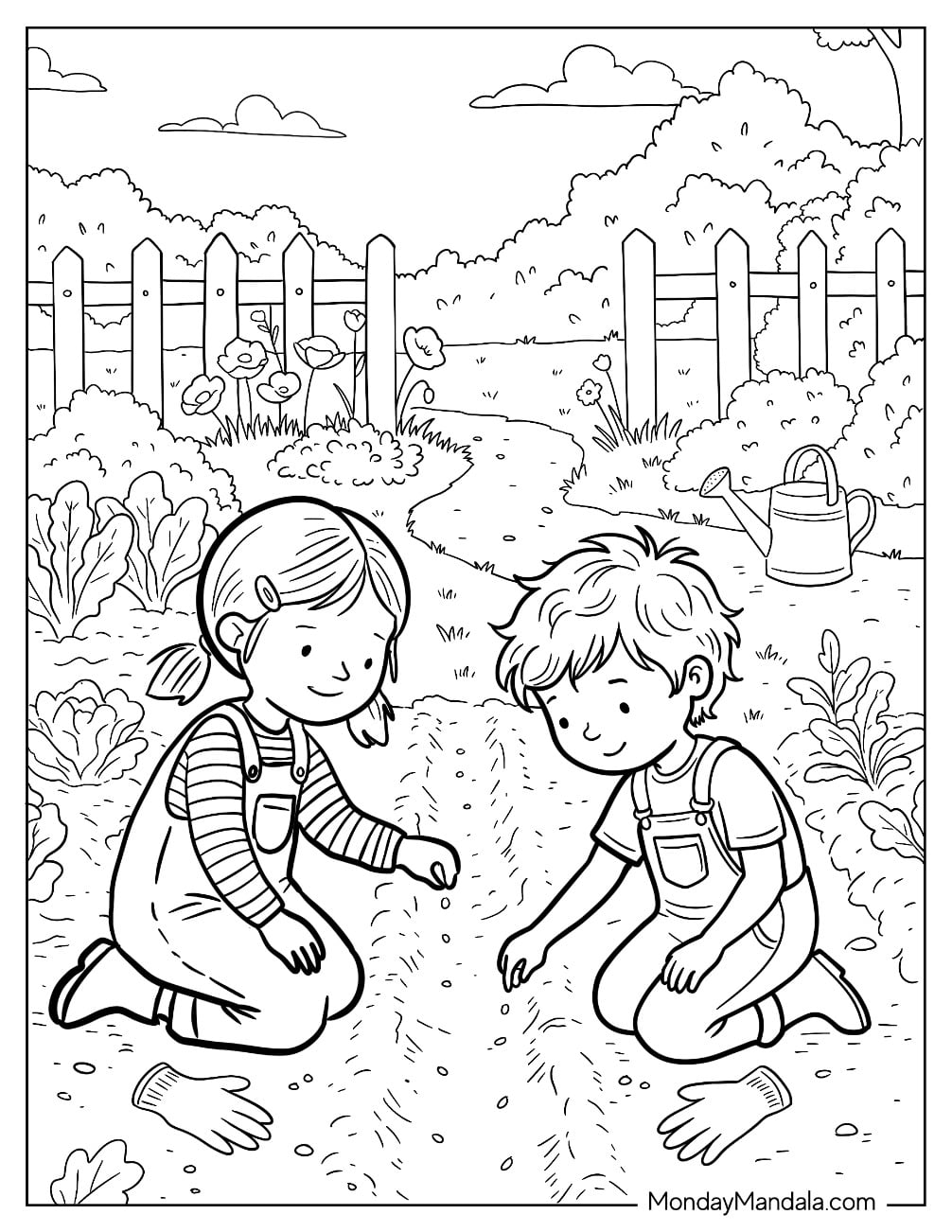Children Planting Seeds Together in a Vegetable Garden Coloring Page