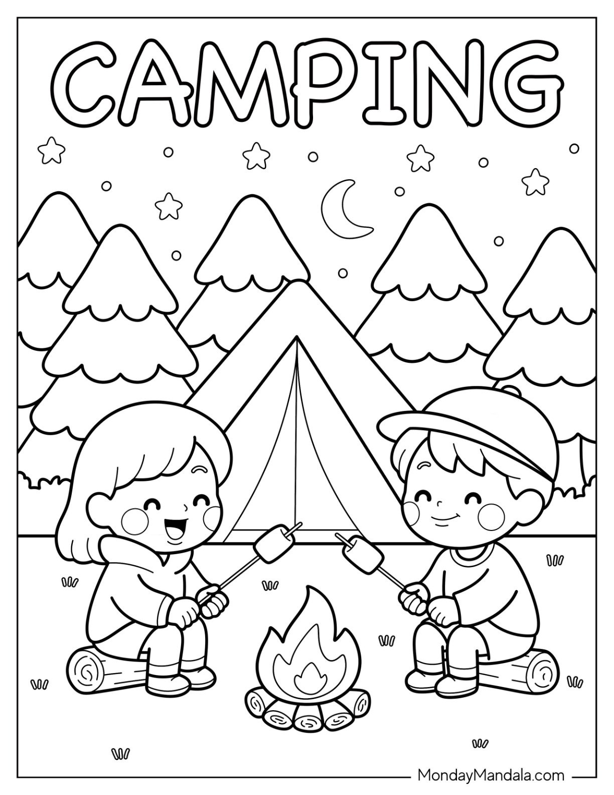 Children Roasting Marshmallows While Camping Coloring Sheet for Kids