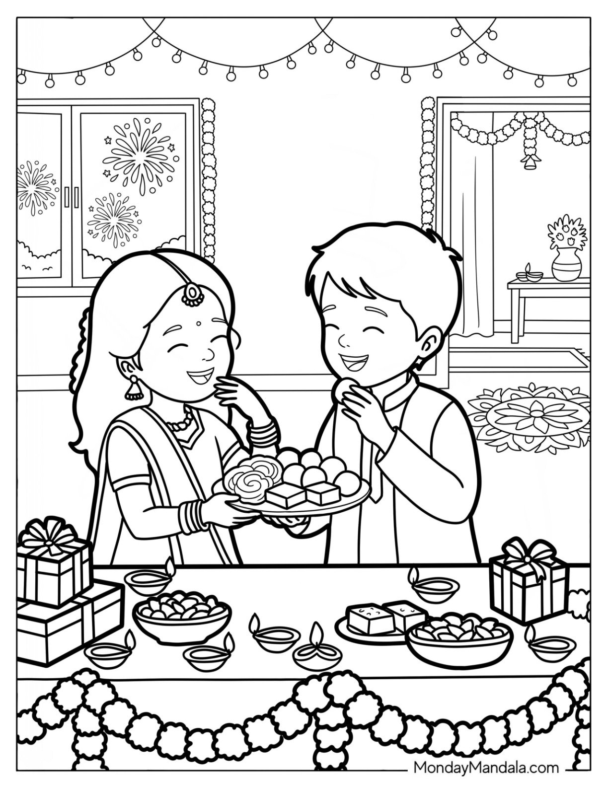 Children Sharing Diwali Coloring Page Sweets at Home for Kids