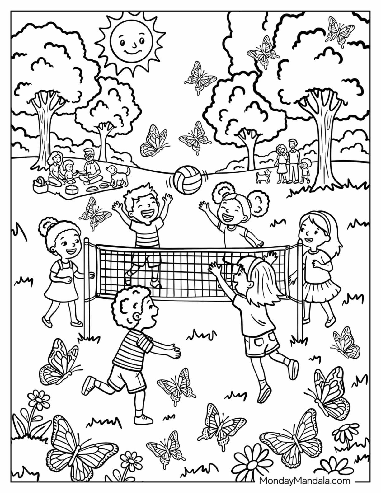 Children in the Park Playing Volleyball Coloring Page