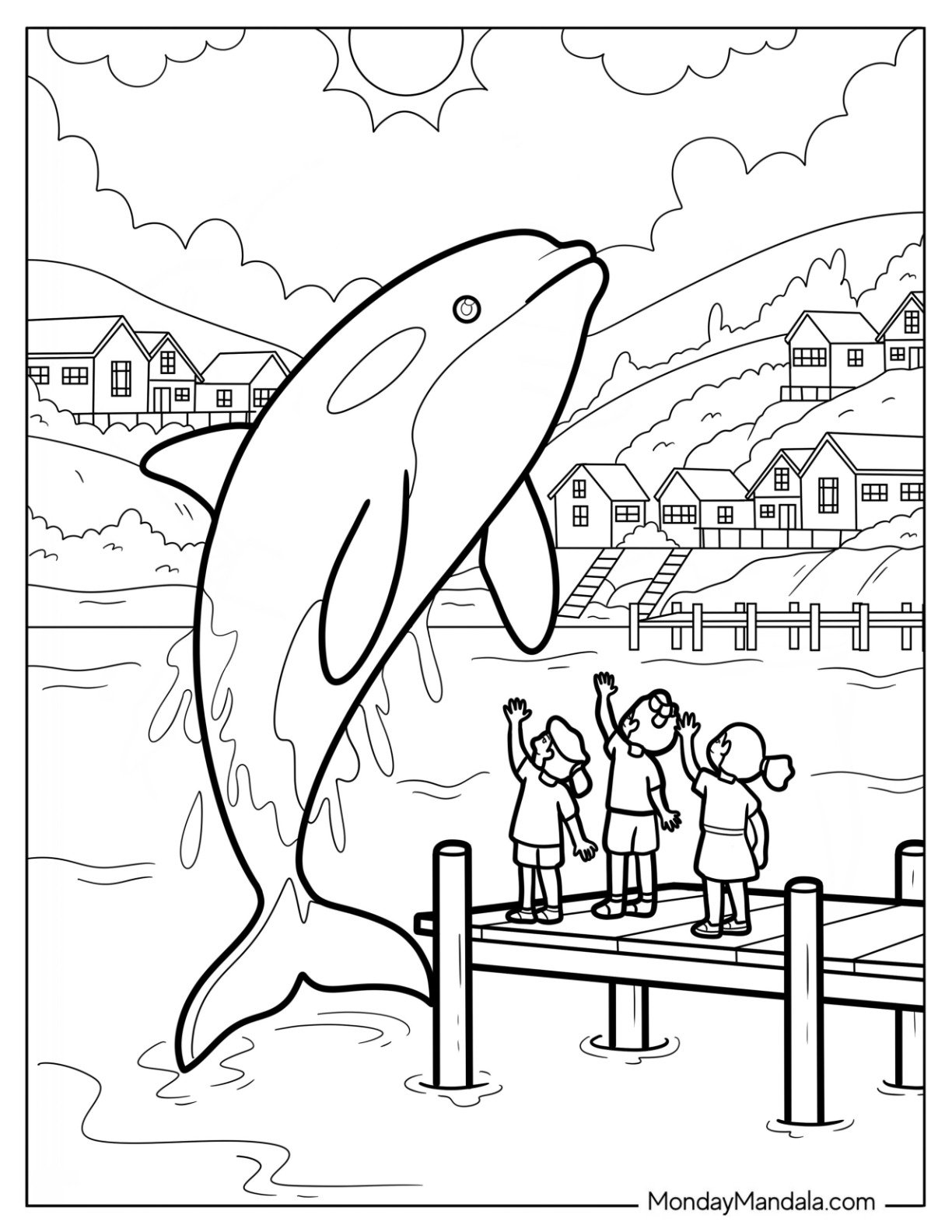 Children on Pier Waving at Leaping Killer Whale Near Coastal Town Coloring Page