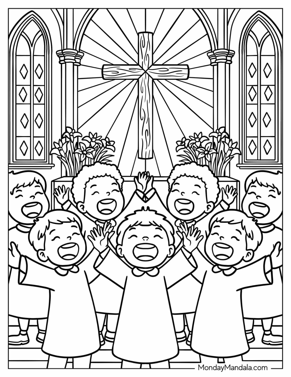 Religious Easter Coloring Page of Children's Choir Singing in Church