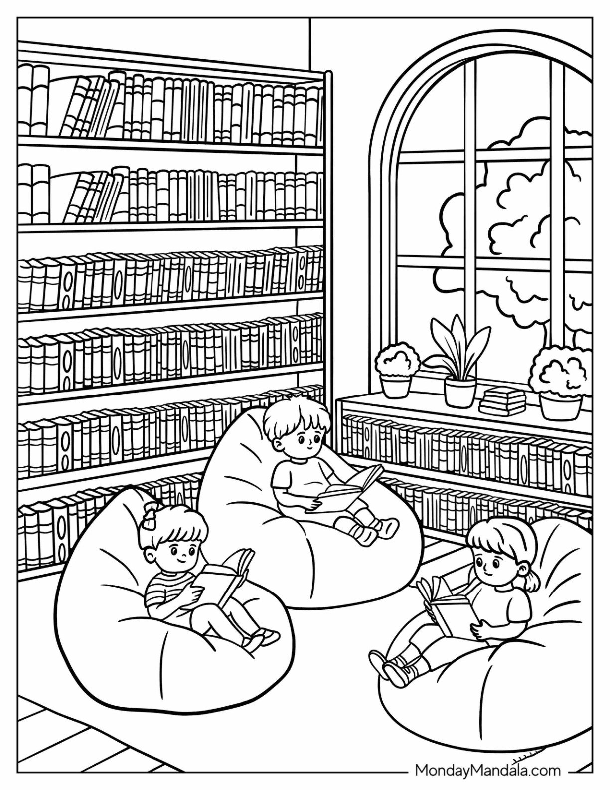 Children’s Library Coloring Page Corner with Bean Bags, Bookshelves, and Sunny Window