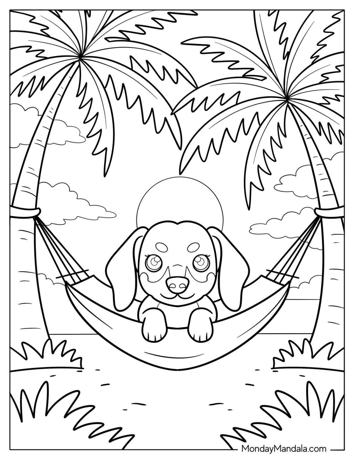 Chill Dachshund in Hammock on Island Paradise with Sunset Coloring Page