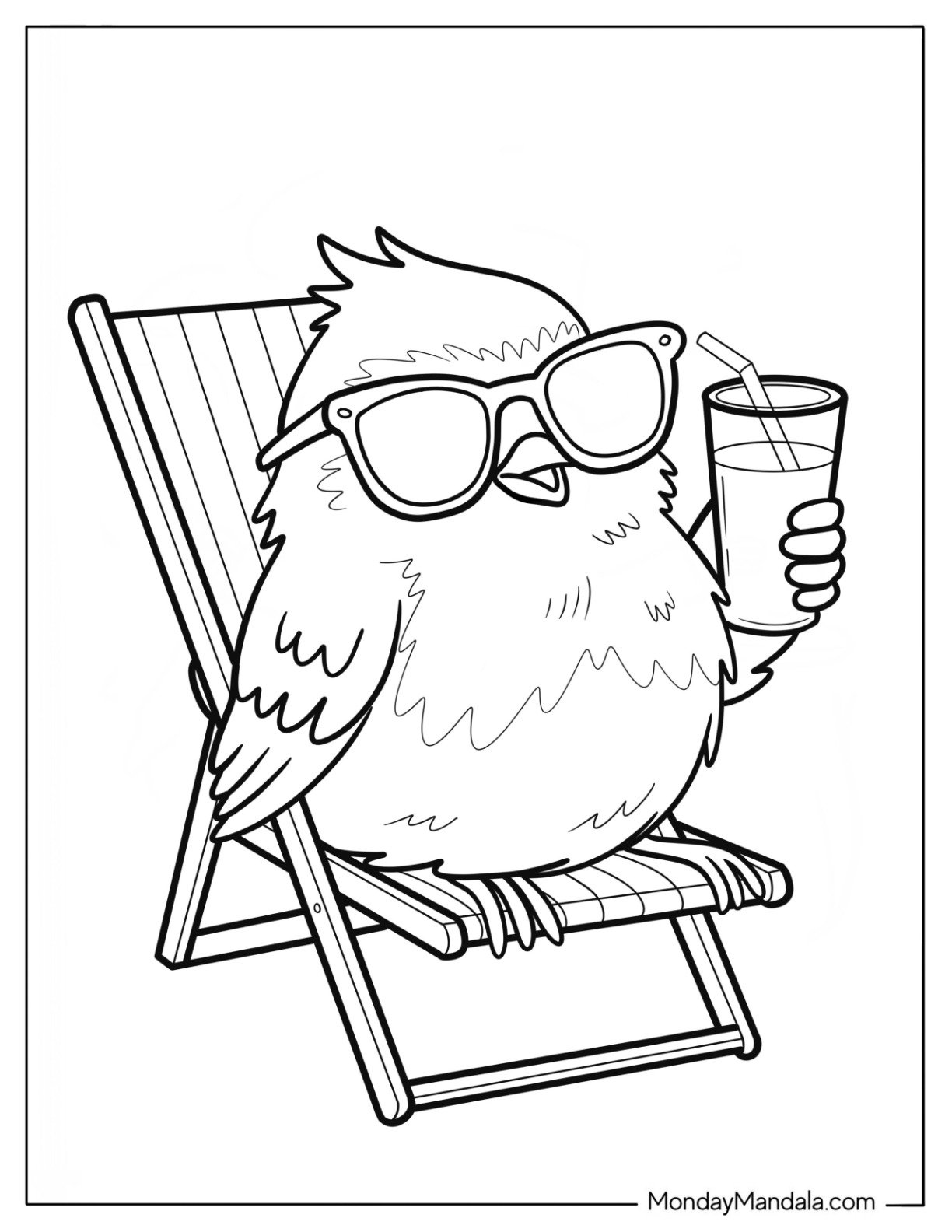 Chill Robin Coloring Page on Beach Holiday with Sunglasses and Cold Drink for Kids