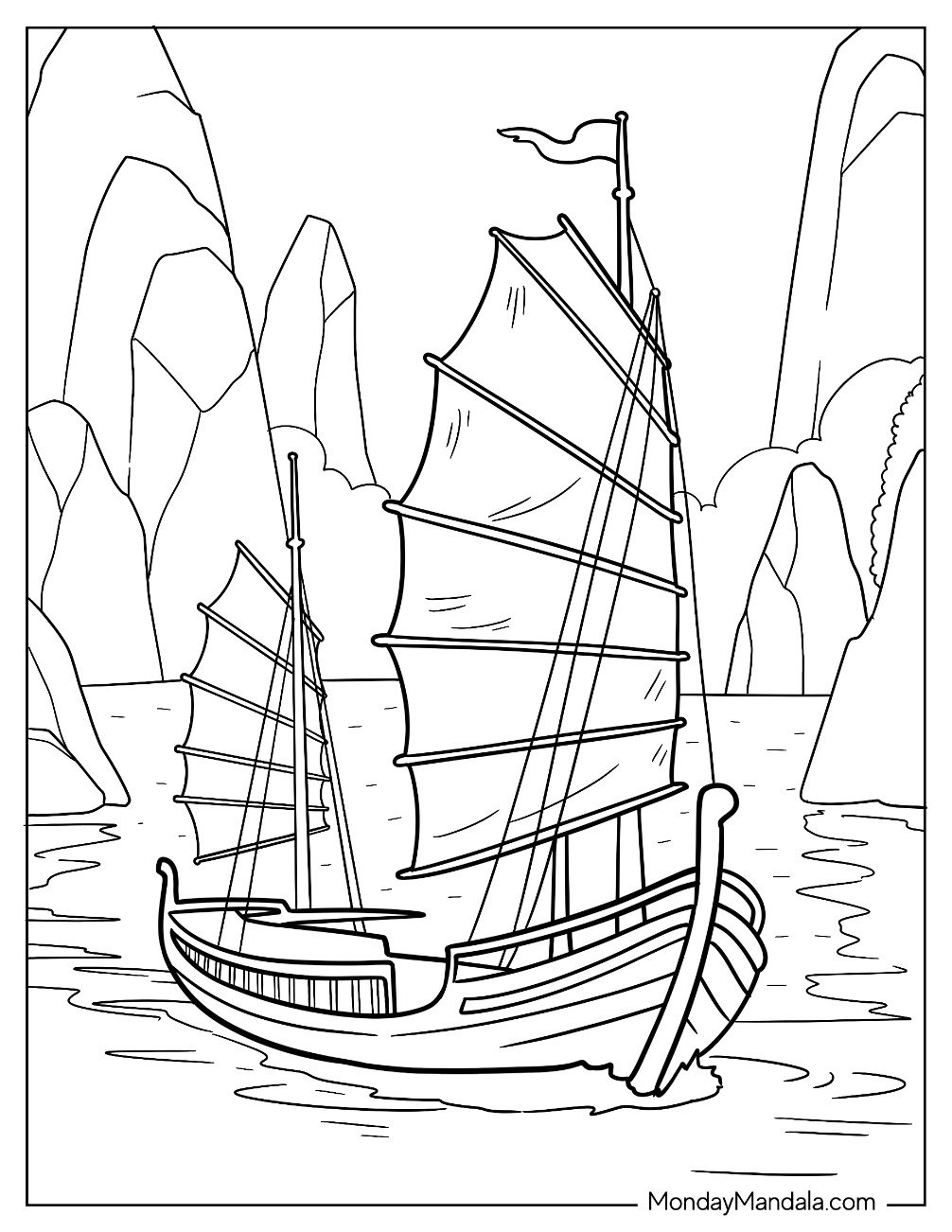 Boat & Ship Coloring Page of Chinese Junk Boat with Tall Sails Gliding Through Mountain Waters