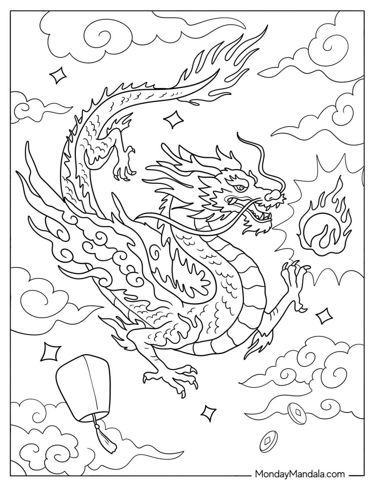 Chinese New Year Coloring Page of Dragon in the Sky