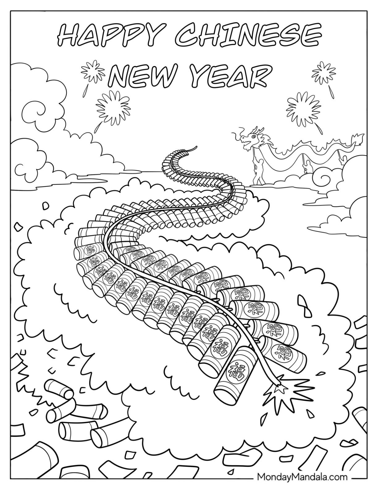 Chinese New Year Coloring Page of Firecrackers with Dragon and Fireworks