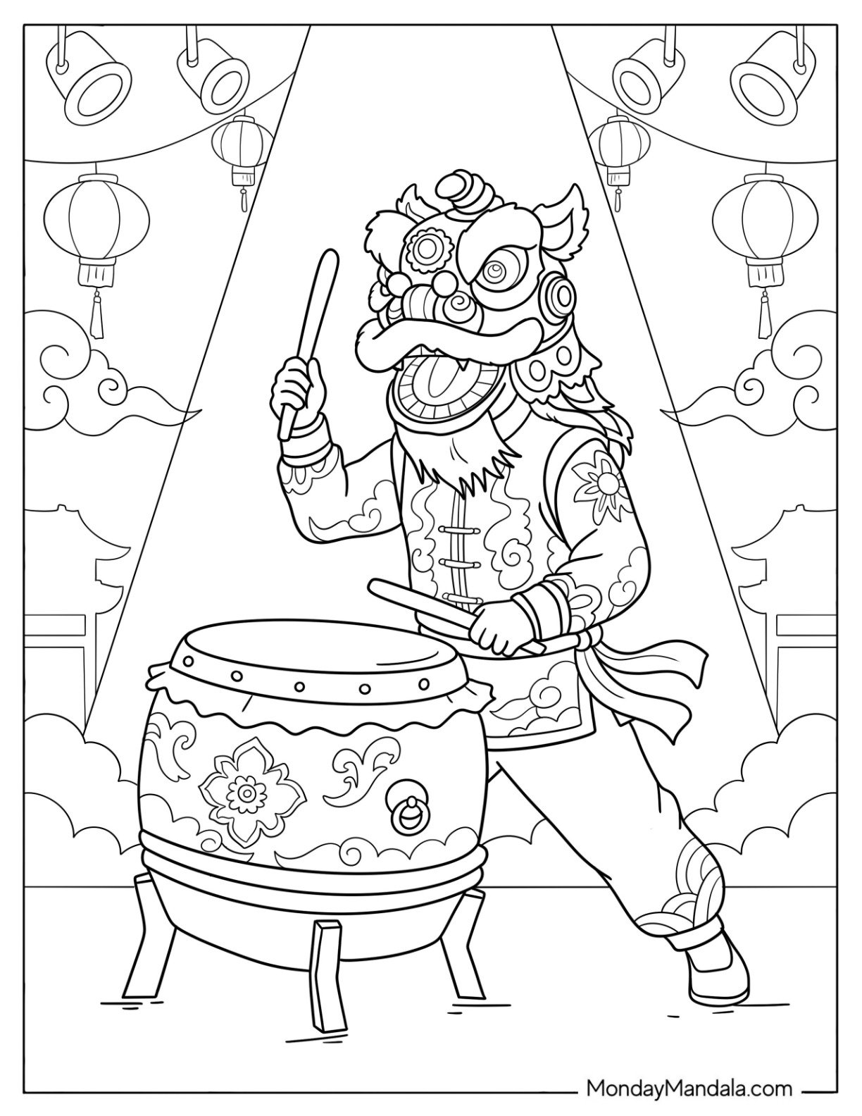 Chinese New Year Coloring Page of Lion Dance Drummer for Kids