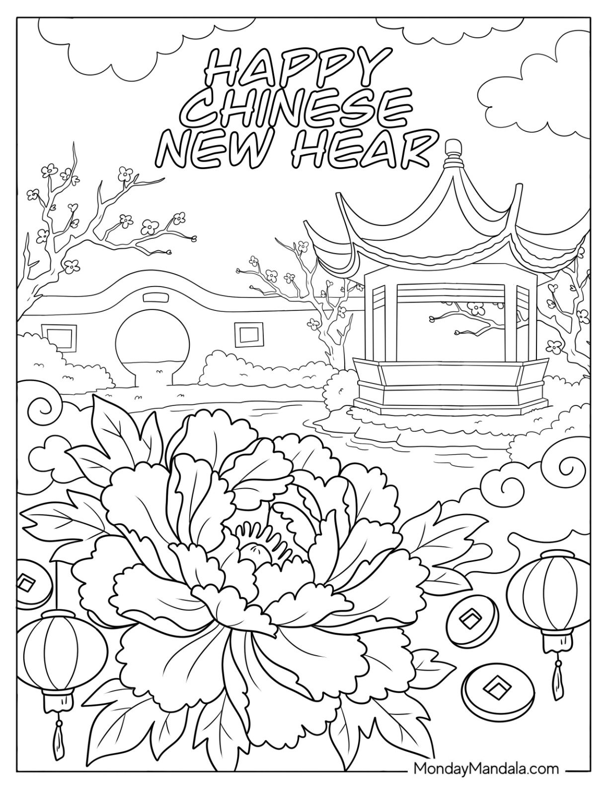 Chinese New Year Coloring Page of Peony Flower Blooming in Front of a Traditional Pavilion