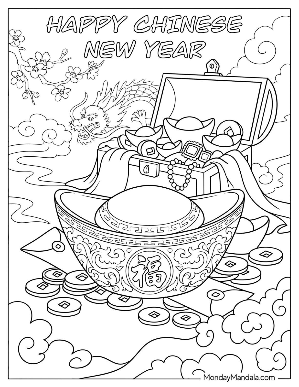 Chinese New Year Coloring Page of Treasure Chest with Gold Coins, Jewels, and Ingots