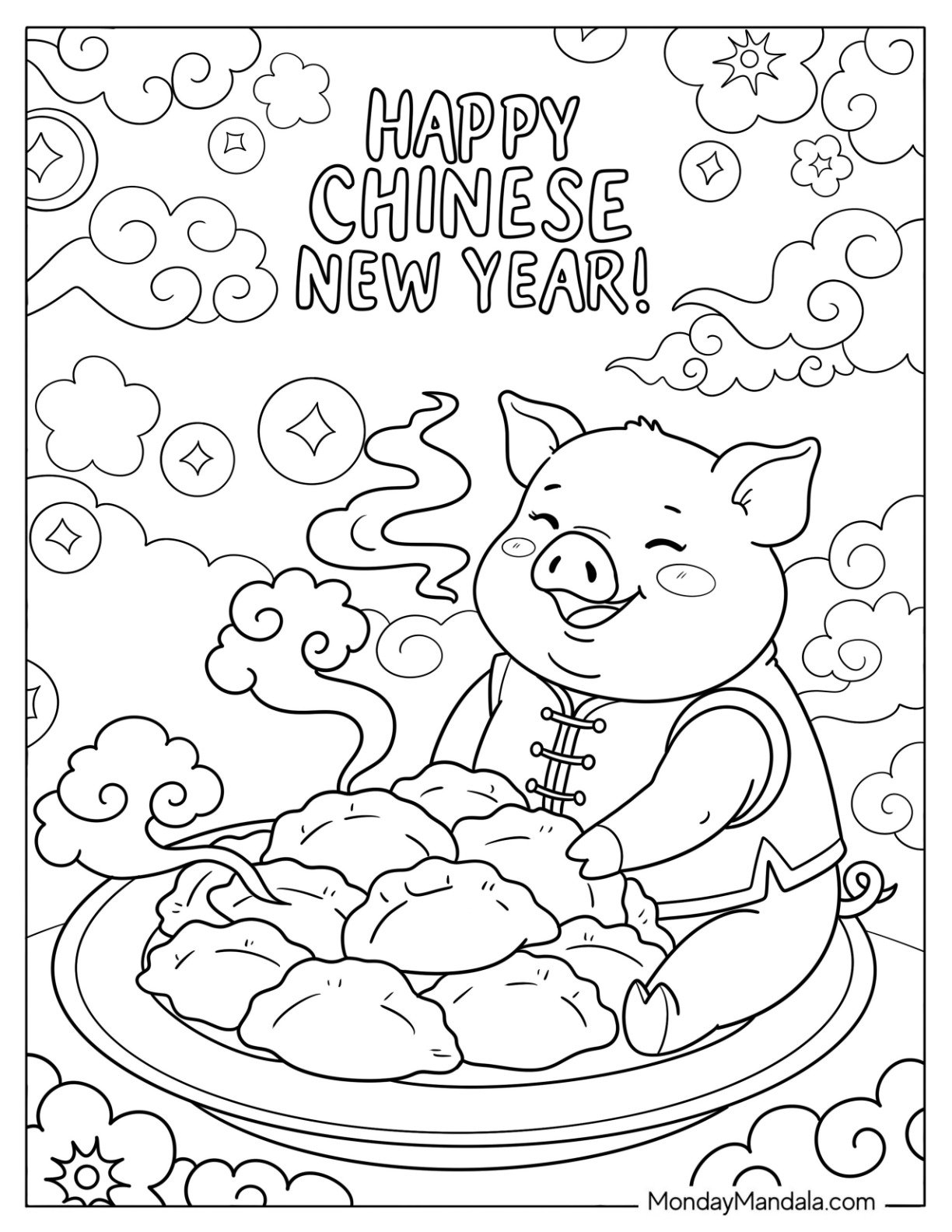 Chinese New Year Coloring Page of New Year Zodiac Pig Eating Baozi Steamed Buns
