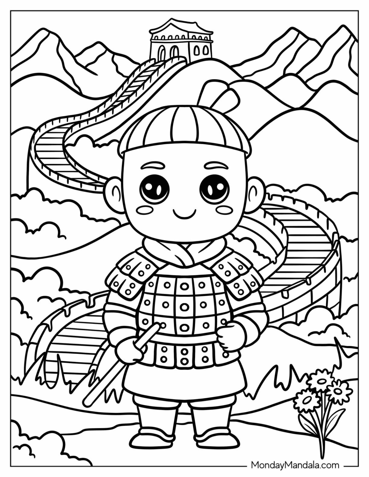 Chinese Soldier Coloring Page Guarding the Great Wall of China for Kids
