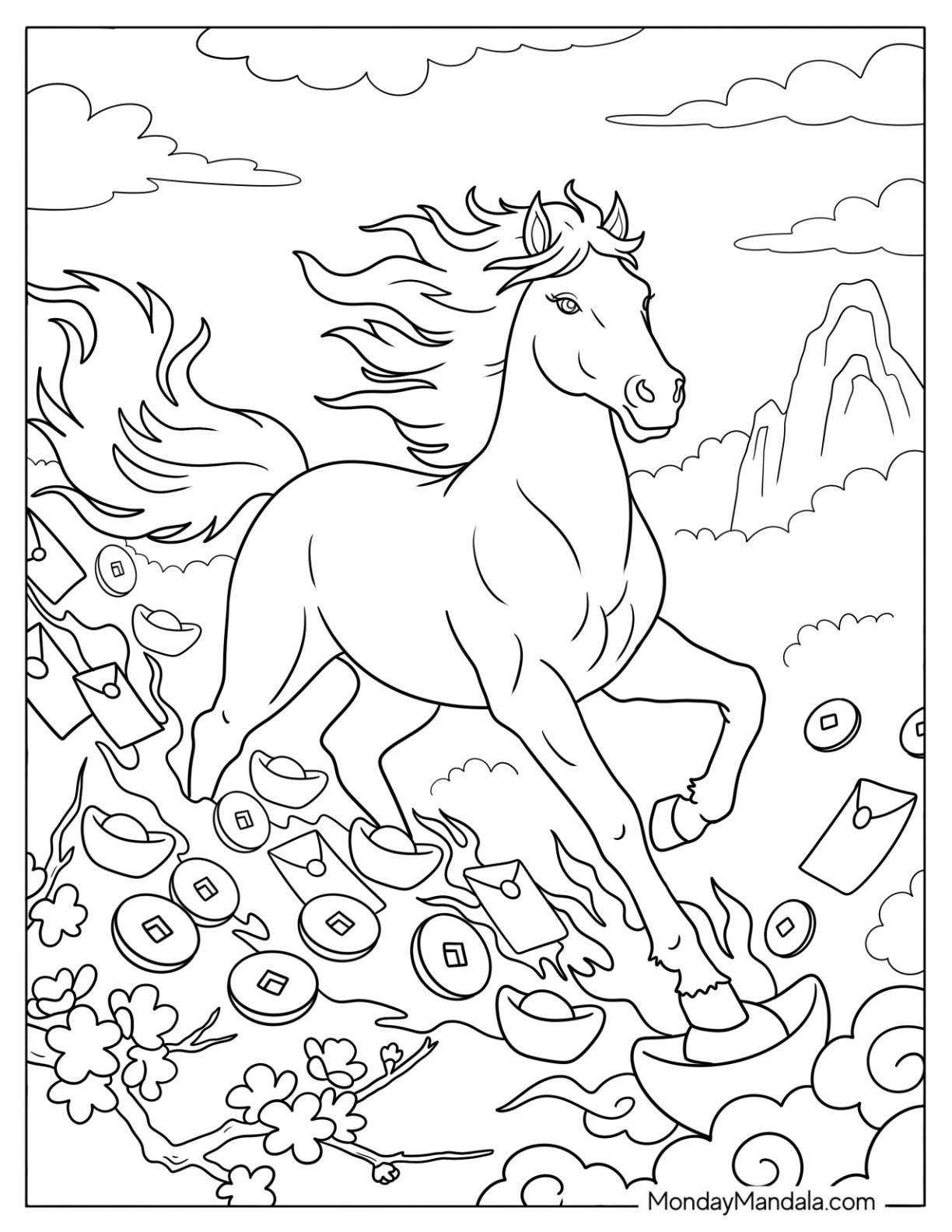 Chinese New Year Coloring Page of Zodiac Horse Running Through Clouds with Lucky Coins and Ingots