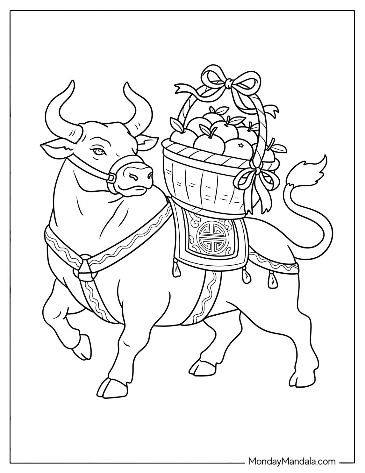 Chinese New Year Coloring Page of Zodiac Ox Carrying a Basket of Lucky Fruits