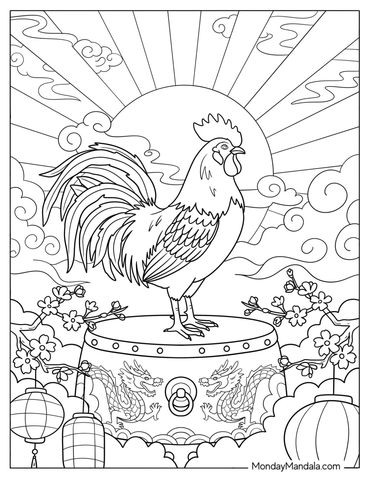 Chinese New Year Coloring Page of Zodiac Rooster on a Drum