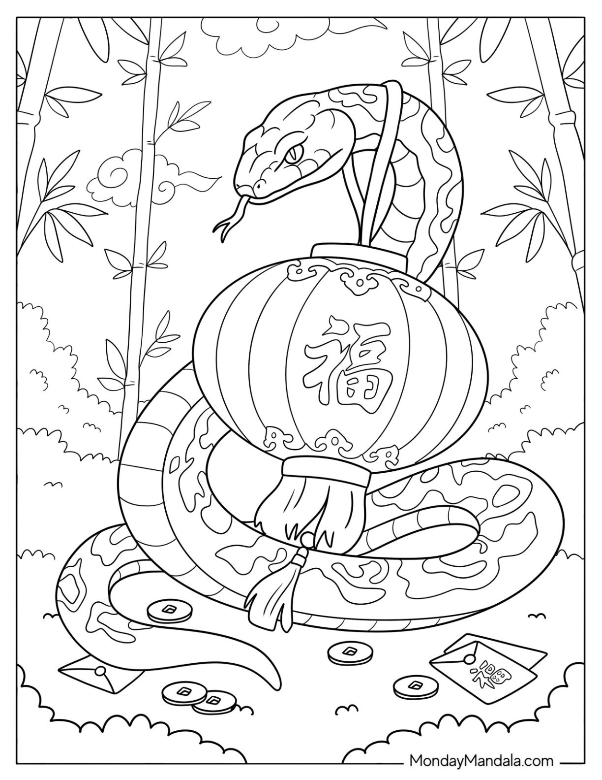 Chinese New Year Coloring Page of Zodiac Snake Coiled Around A Lucky Lantern with Bamboo, Coins, and Red Envelopes