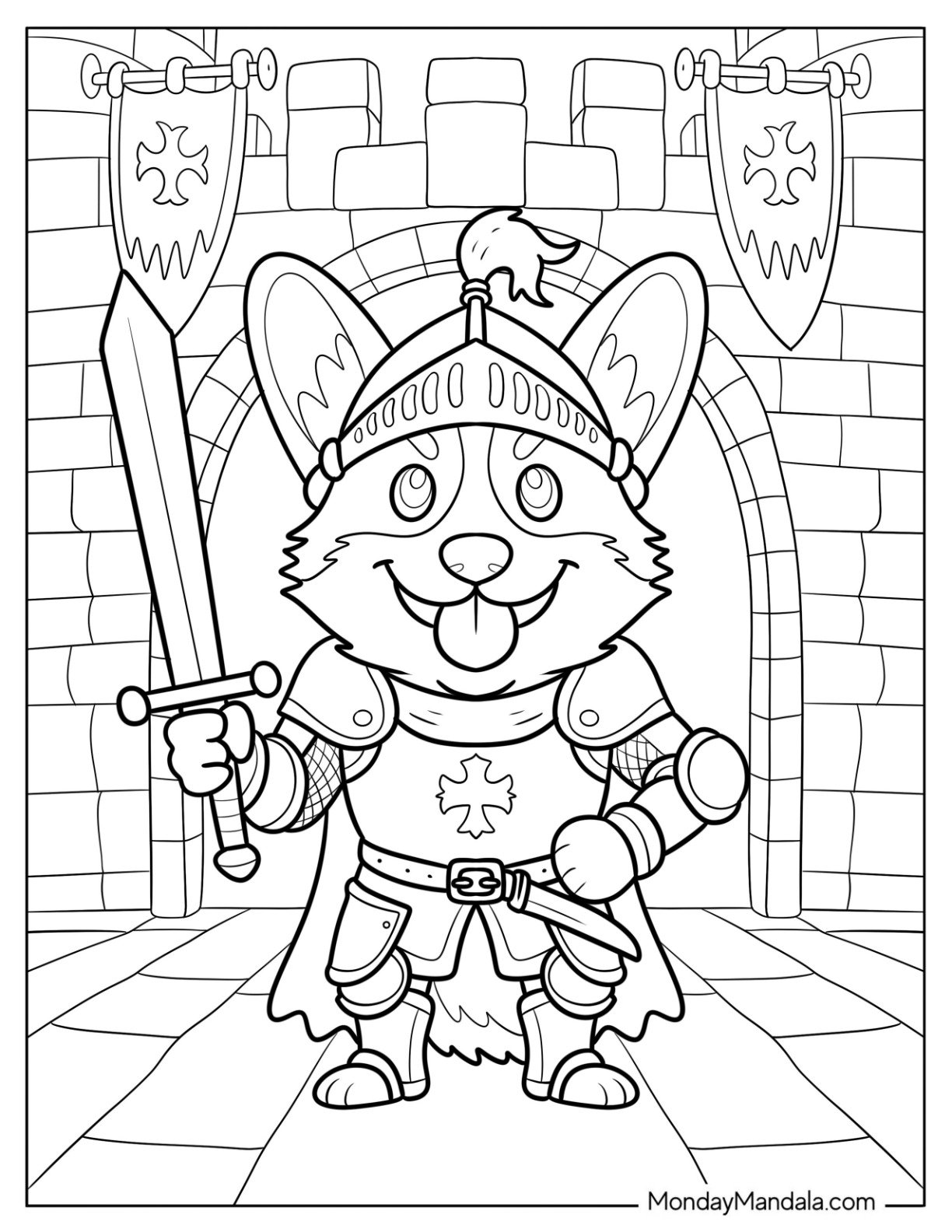Chivalrous Knight Corgi Coloring Page Holding Sword