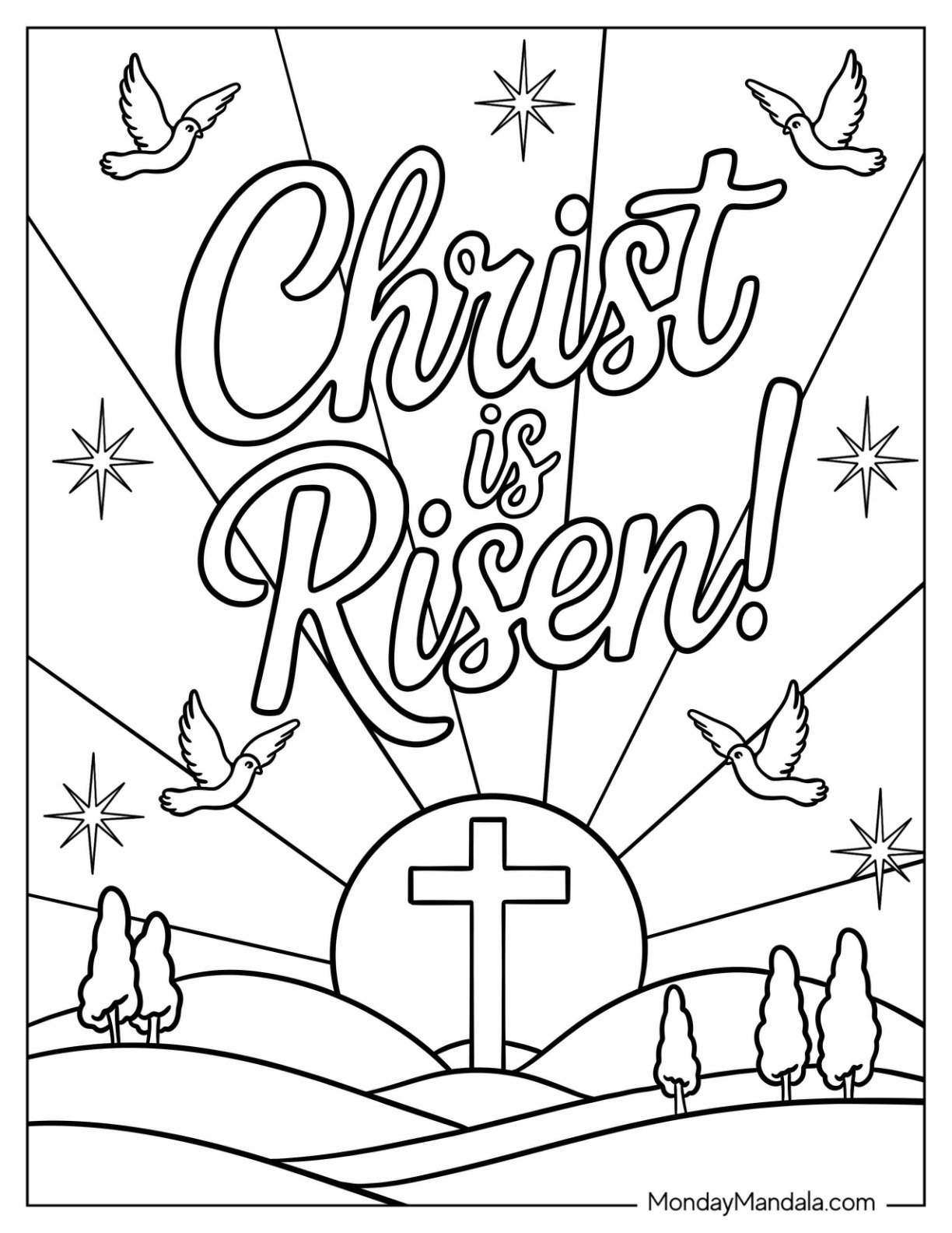Christ is Risen with Cross and Doves on Easter Coloring Page