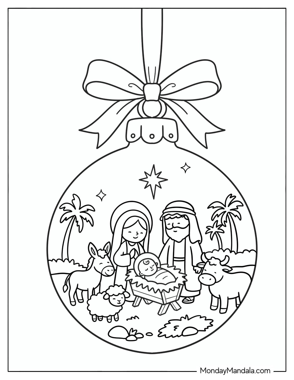 Christian Christmas Coloring Page of Bauble with Nativity Scene