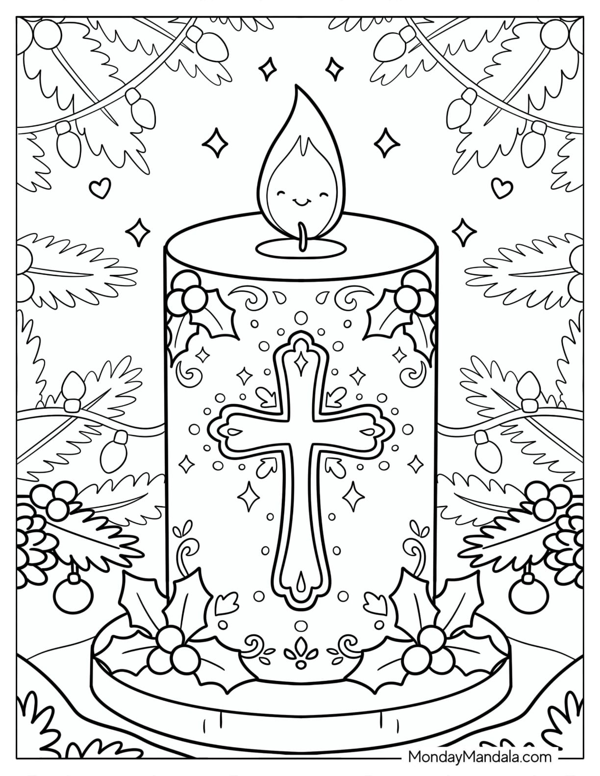 Christian Christmas Coloring Page of Candle with Cross, Holly, and Evergreen