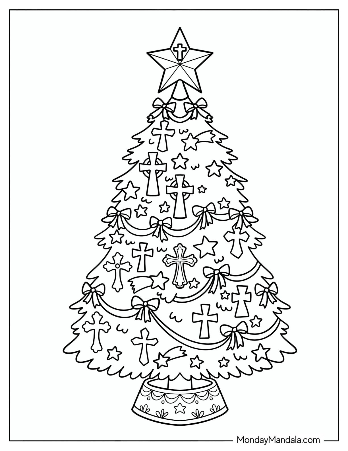 Christian Christmas Coloring Page of Tree with Crosses