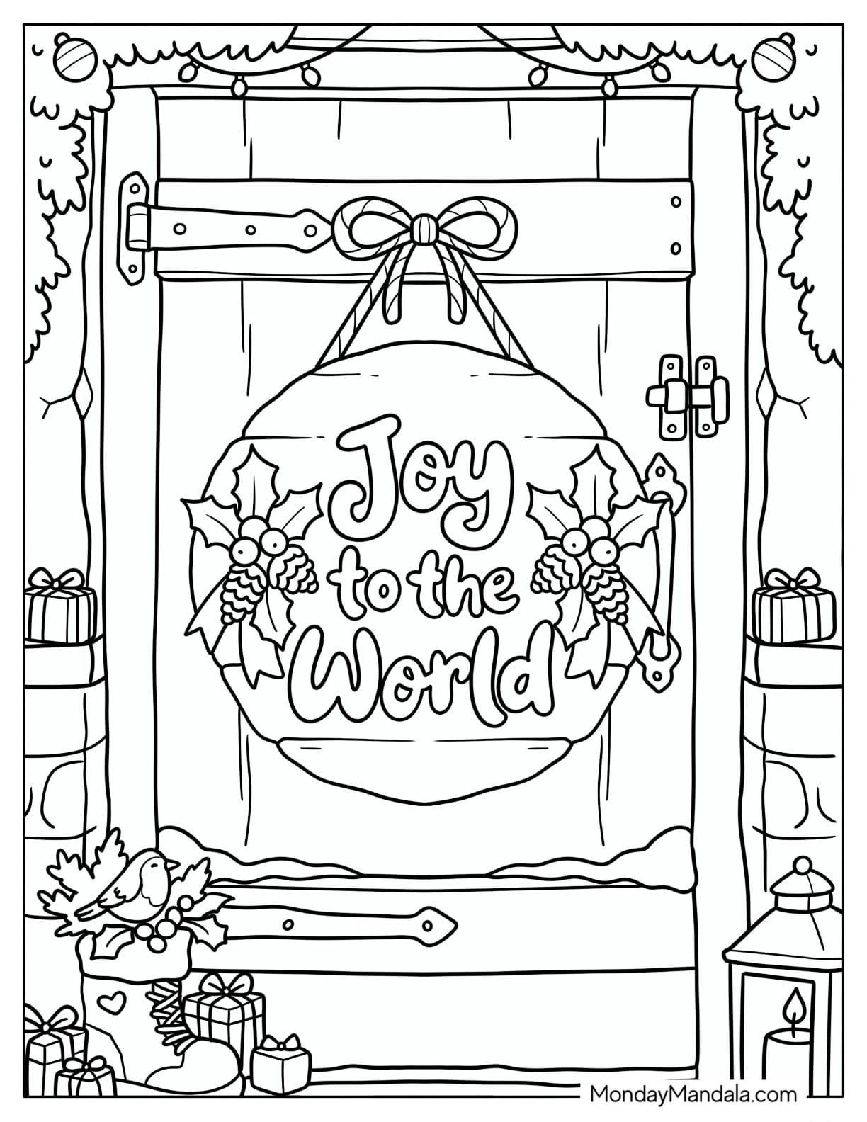 Christian Christmas Coloring Page of Wreath on a Wooden Front Door