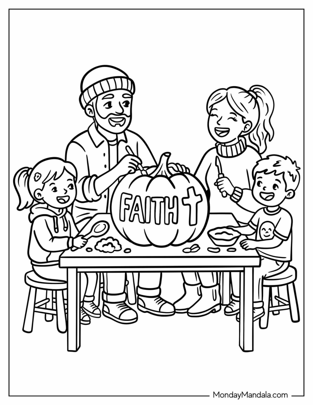 Christian Halloween Coloring Page of Family Carving a Pumpkin