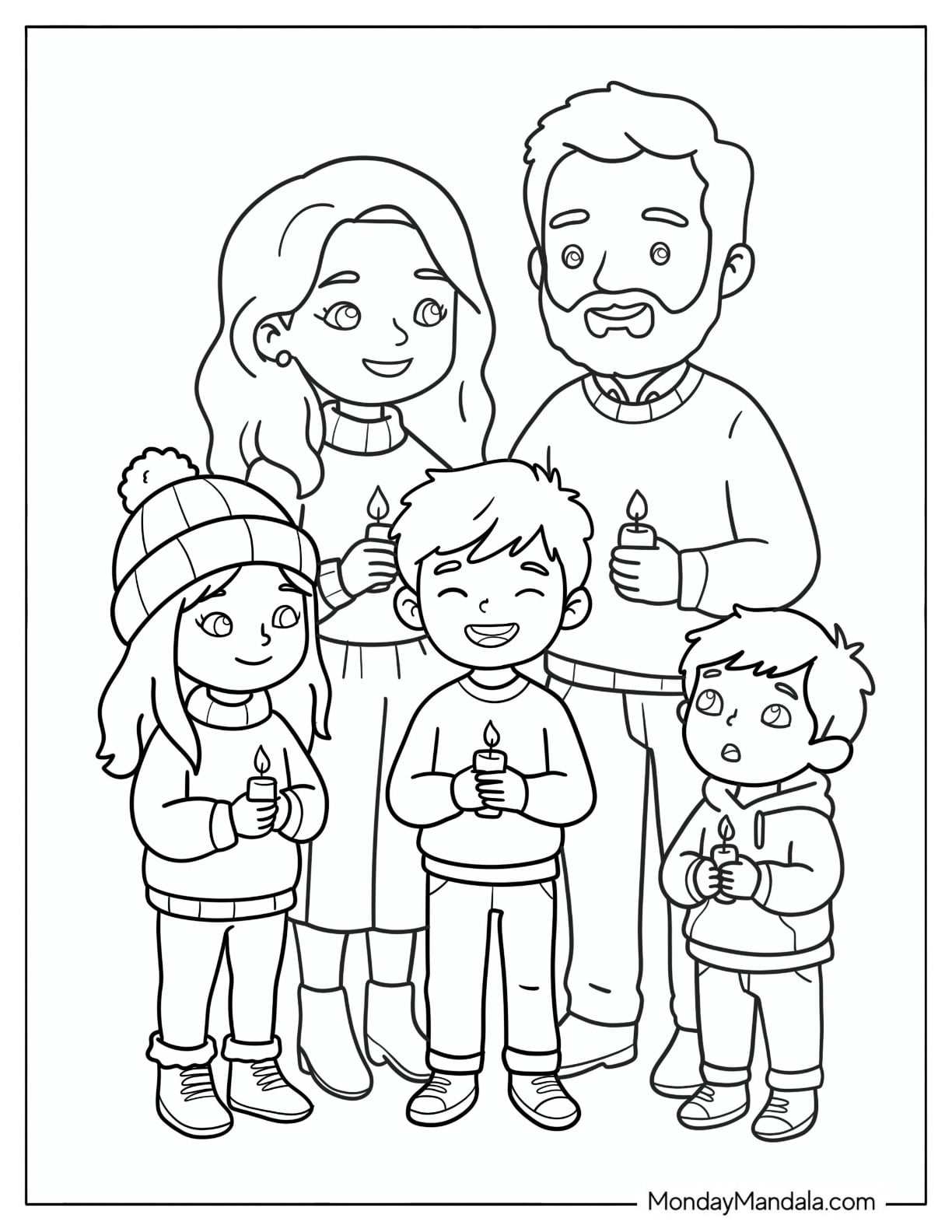 Christian Christmas Coloring Page of Family Lighting Candles Together