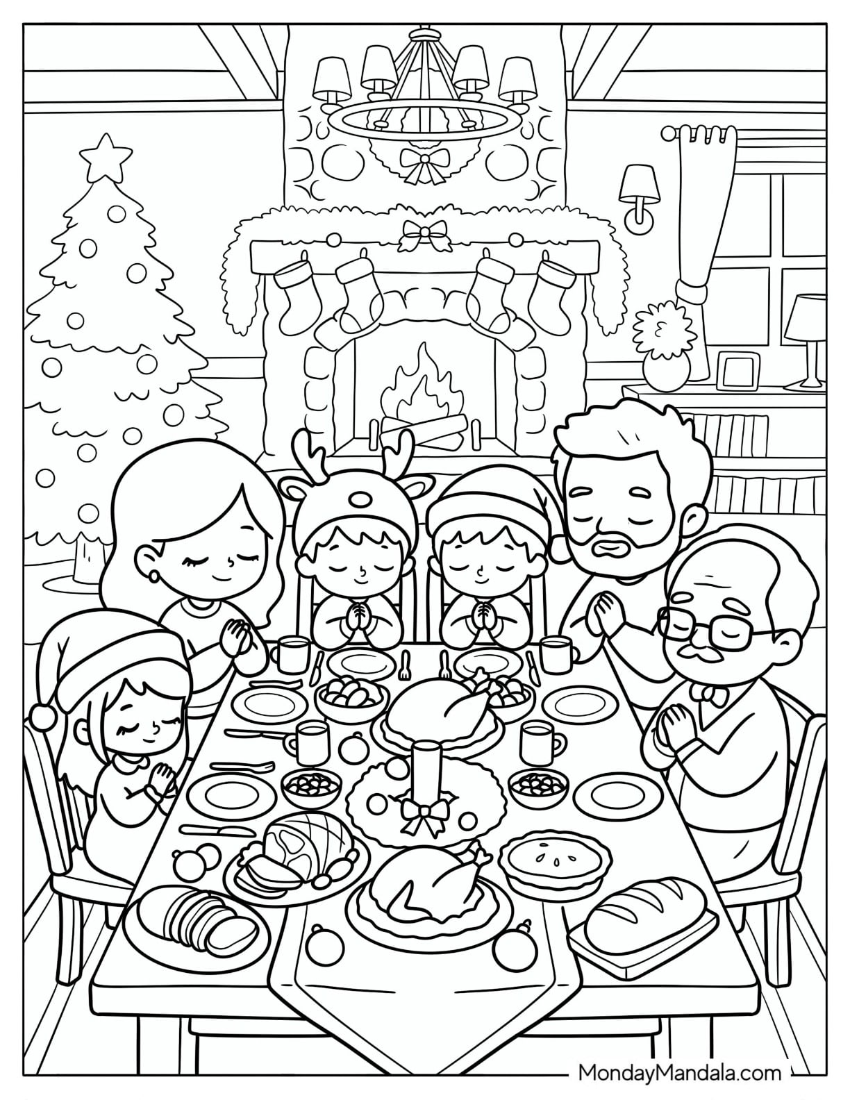 Christian Christmas Coloring Page of Family Praying Over Dinner on Christmas Eve