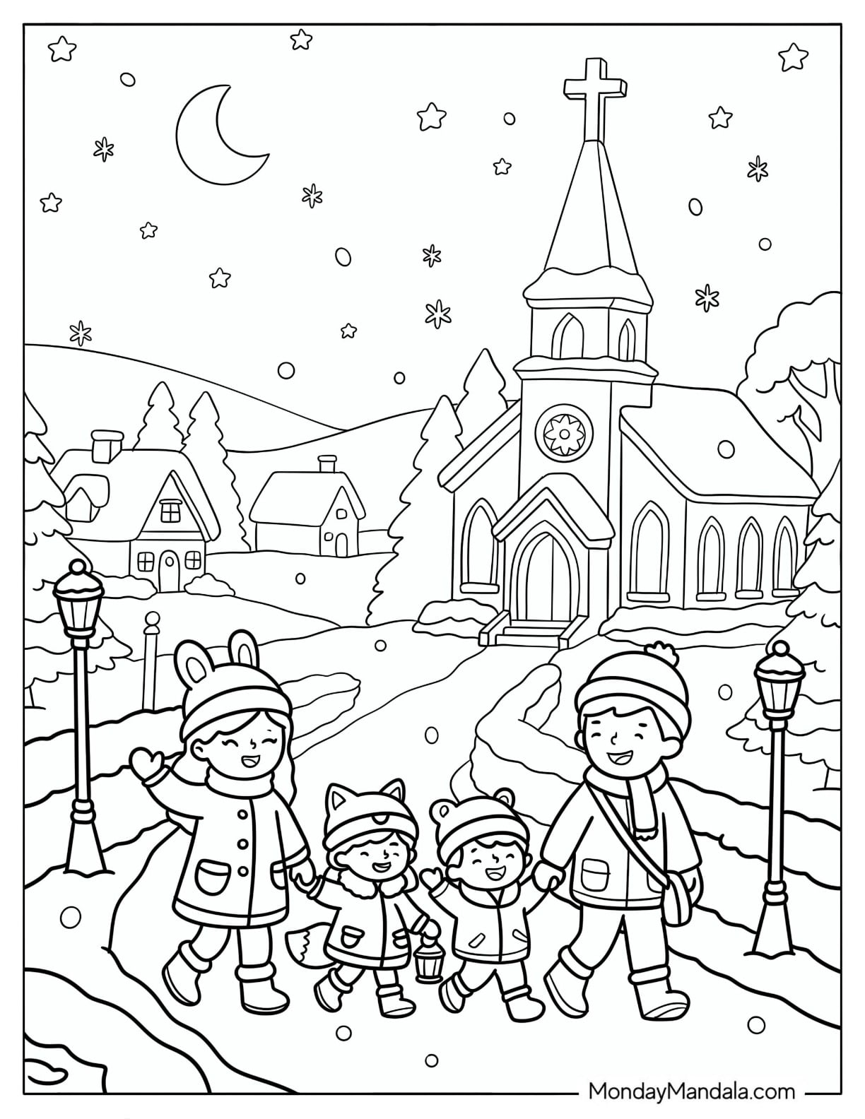 Christian Christmas Coloring Page of Family Walking Out of Church After Mass on Christmas