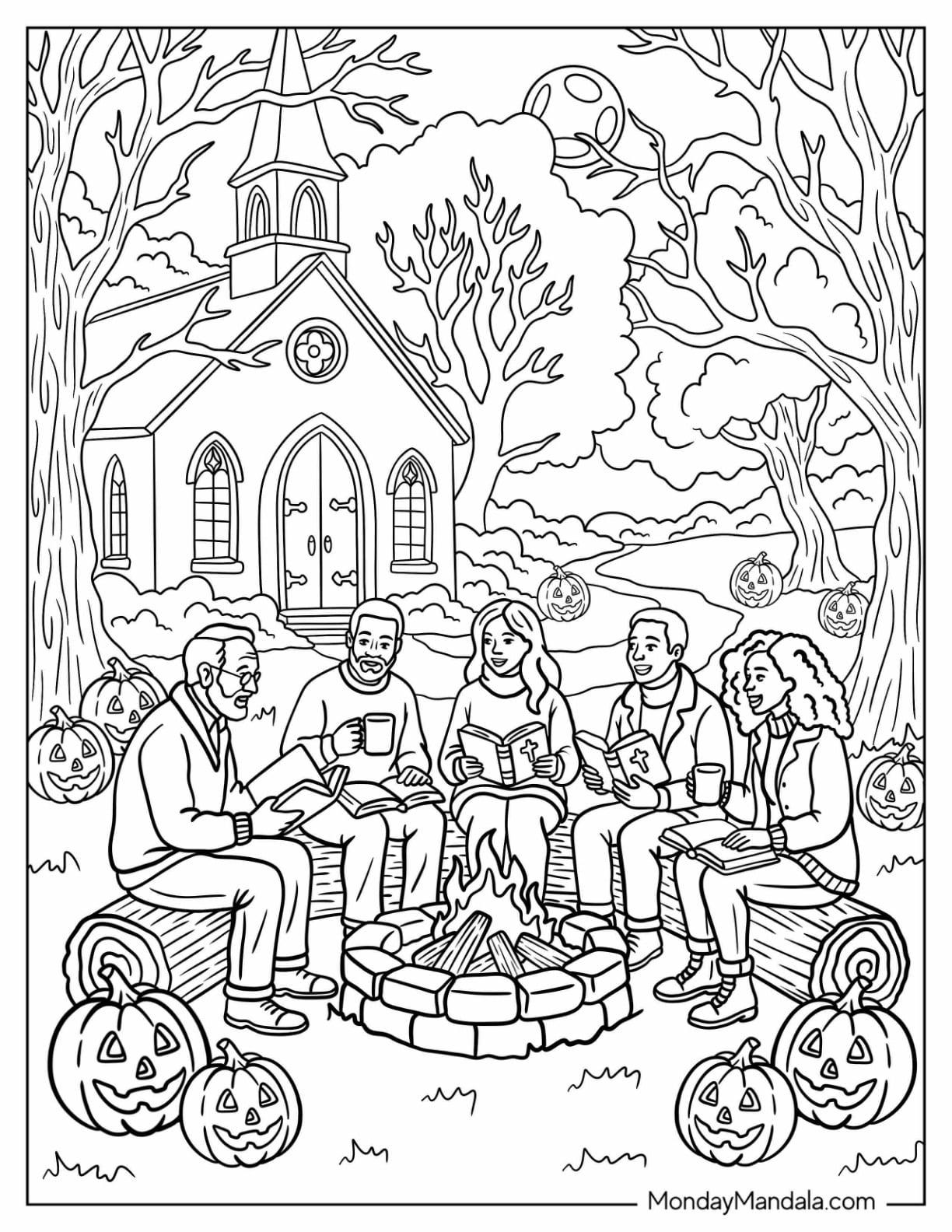 Christian Halloween Coloring Page of Friends Reading Campfire Stories
