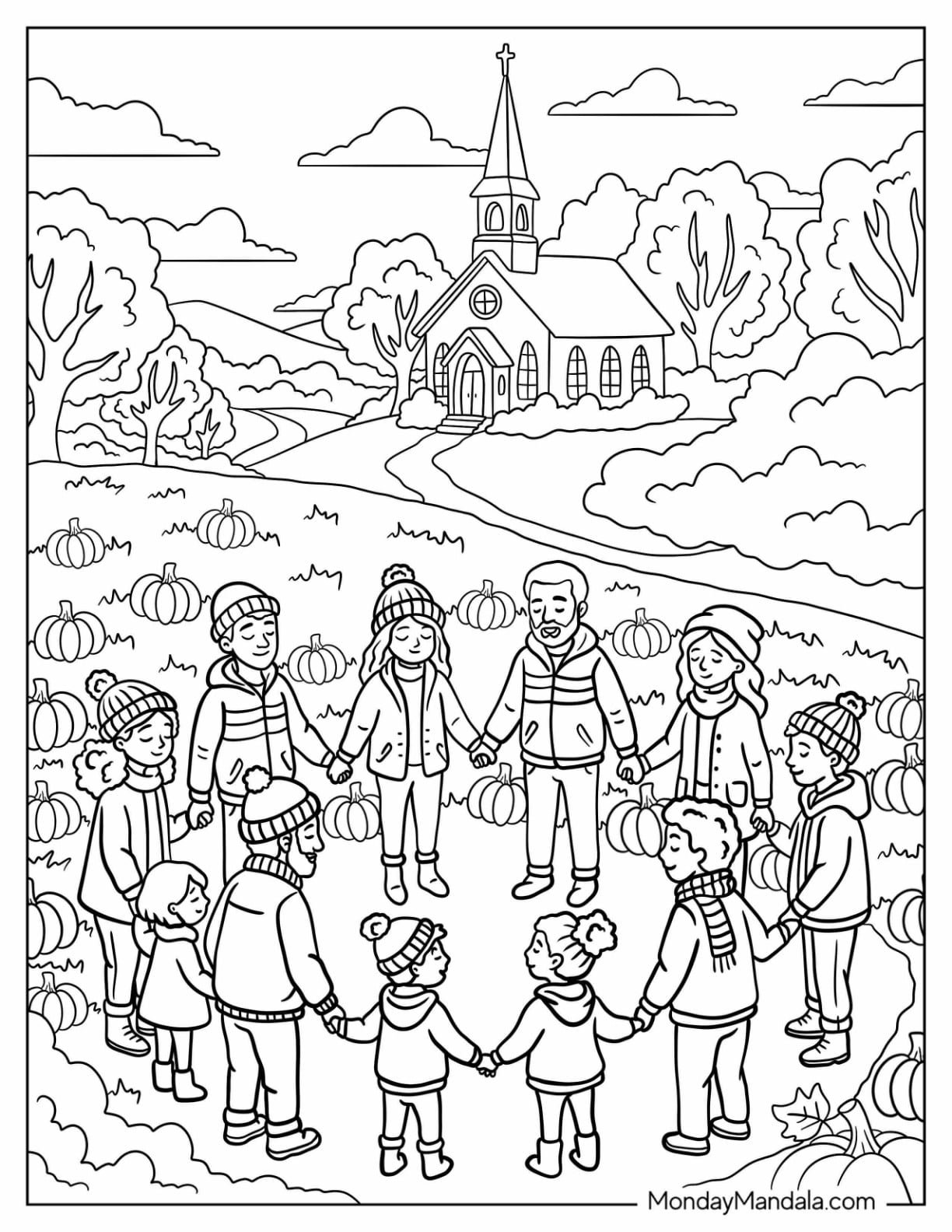 Christian Halloween Coloring Page of Group Praying on a Pumpkin Patch