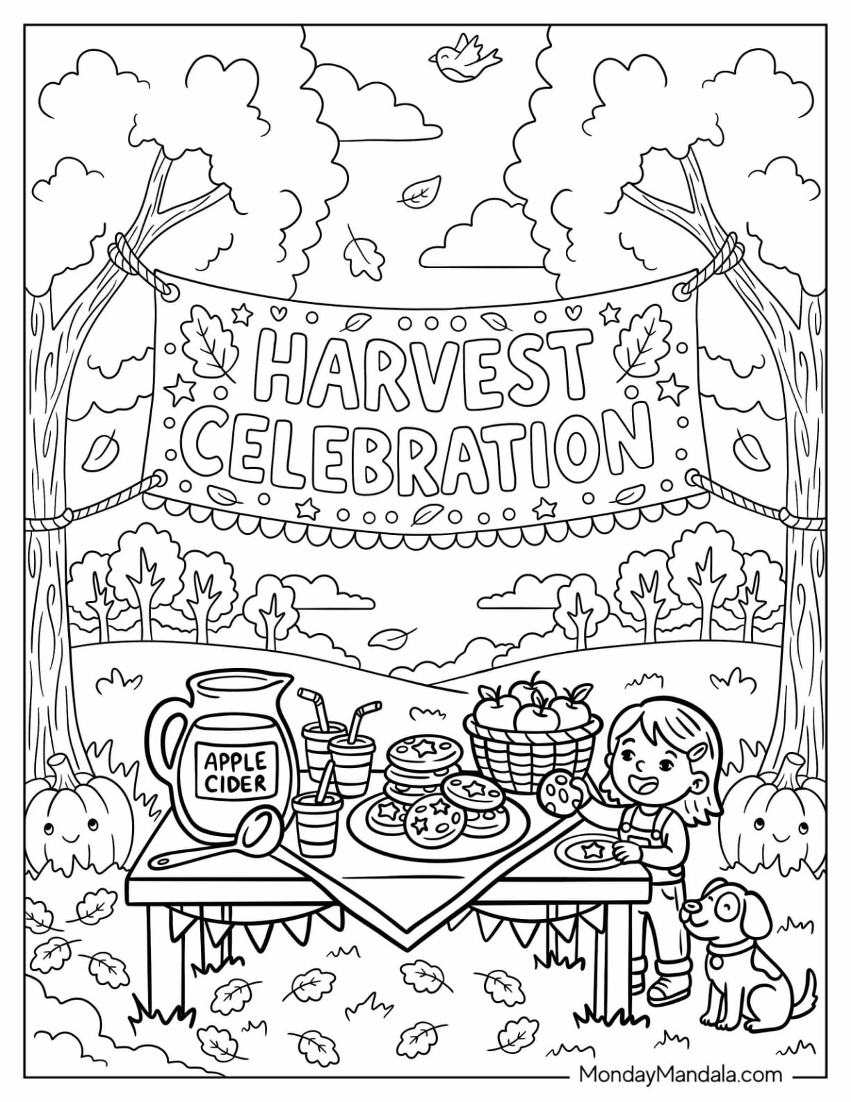 Christian Halloween Coloring Page of Harvest Celebration with Girl Preparing a Table of Food