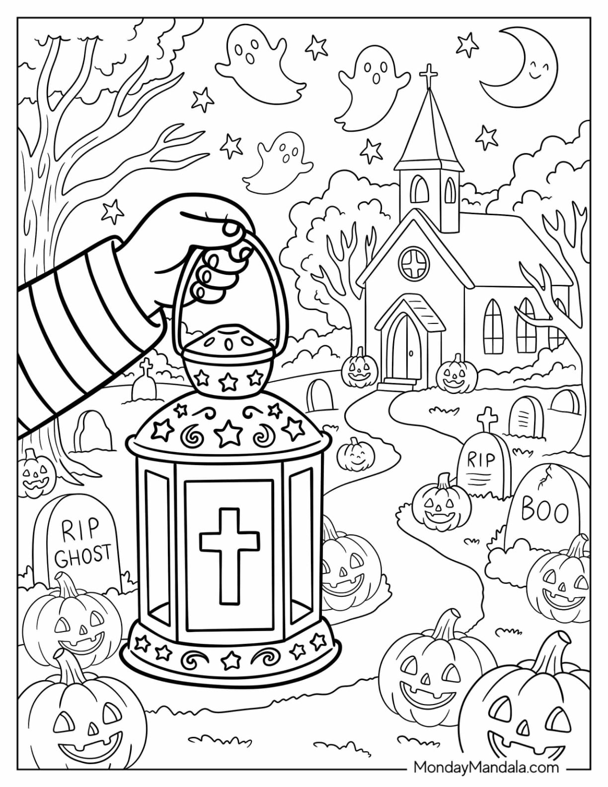 Christian Halloween Coloring Page ofNight with Lantern in a Cemetery