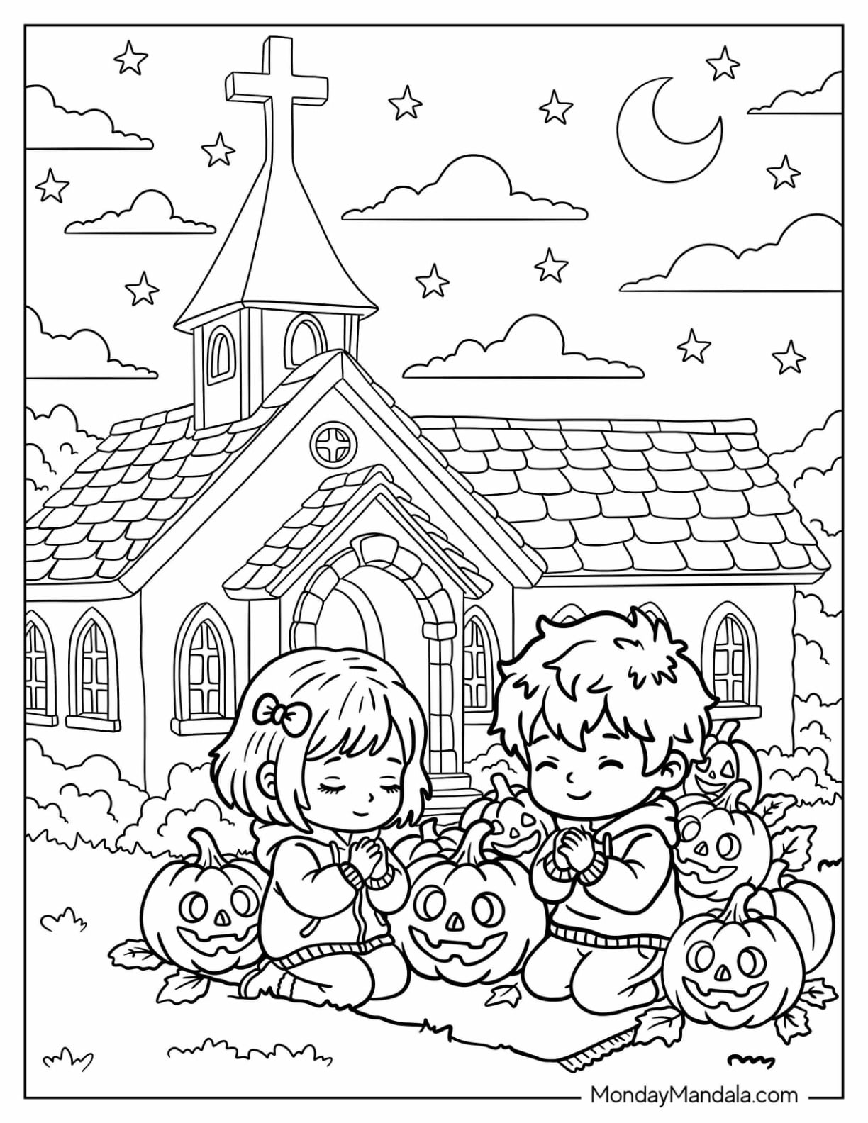 Christian Halloween Coloring Page of Kids Praying on a Pumpkin Patch
