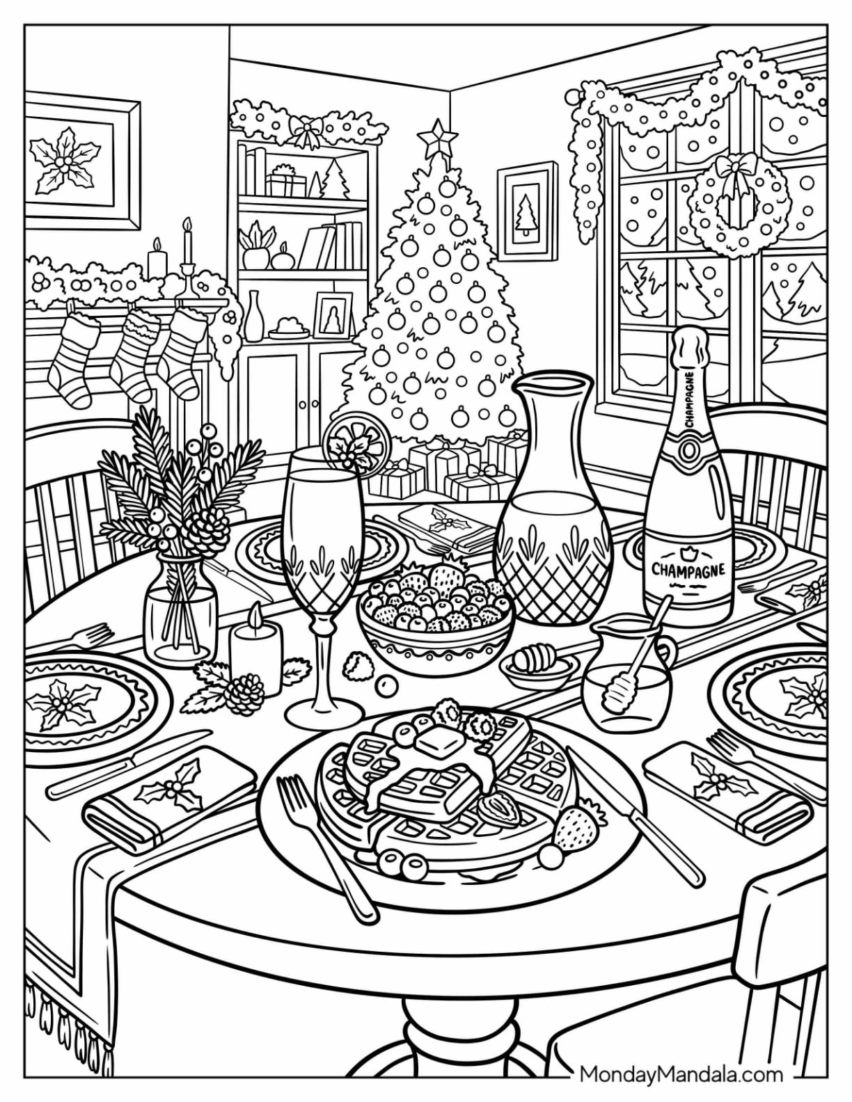 Christmas Breakfast Feast in a Family Home Coloring Page for Adults