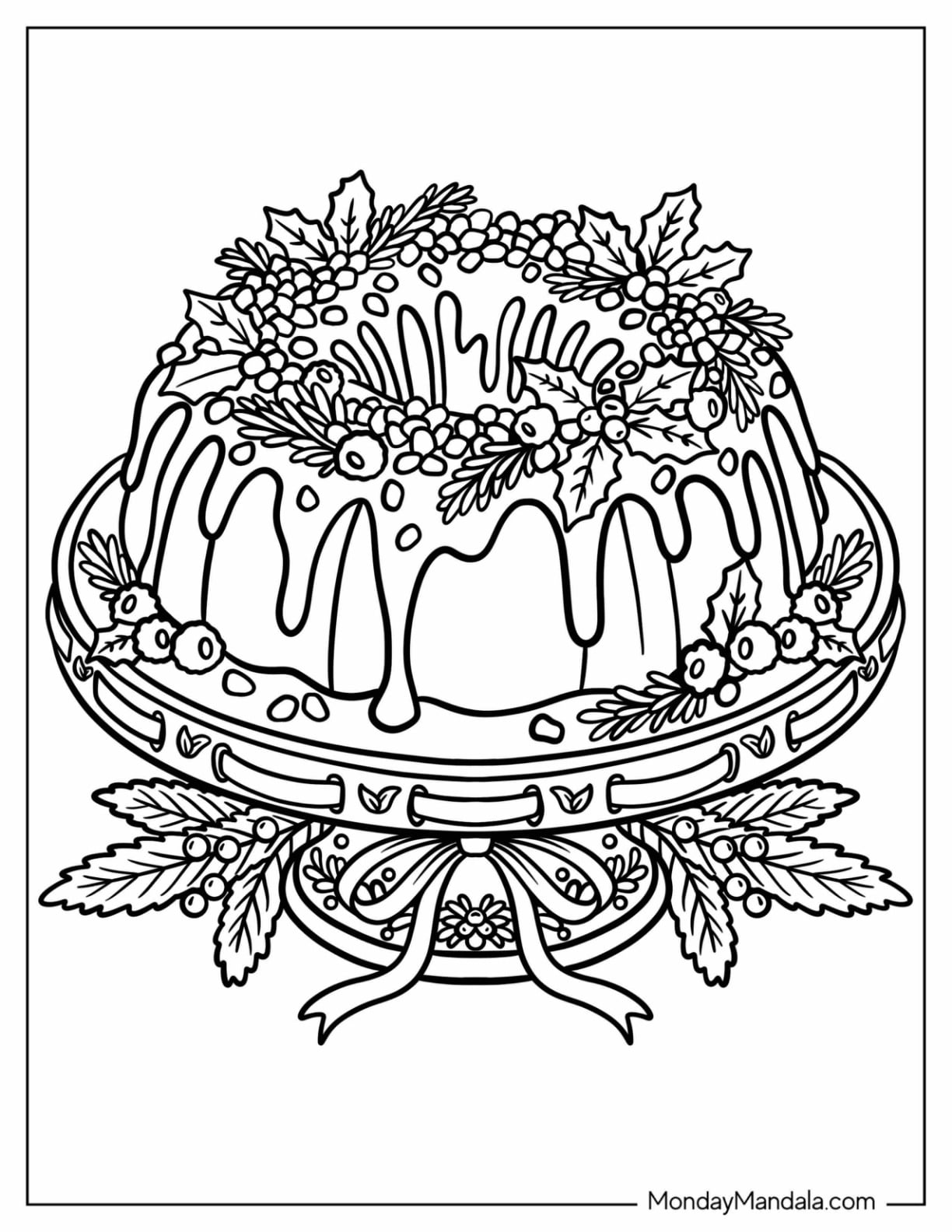 Christmas Bundt Cake with Holly, Berries, and Festive Wreath Decorations