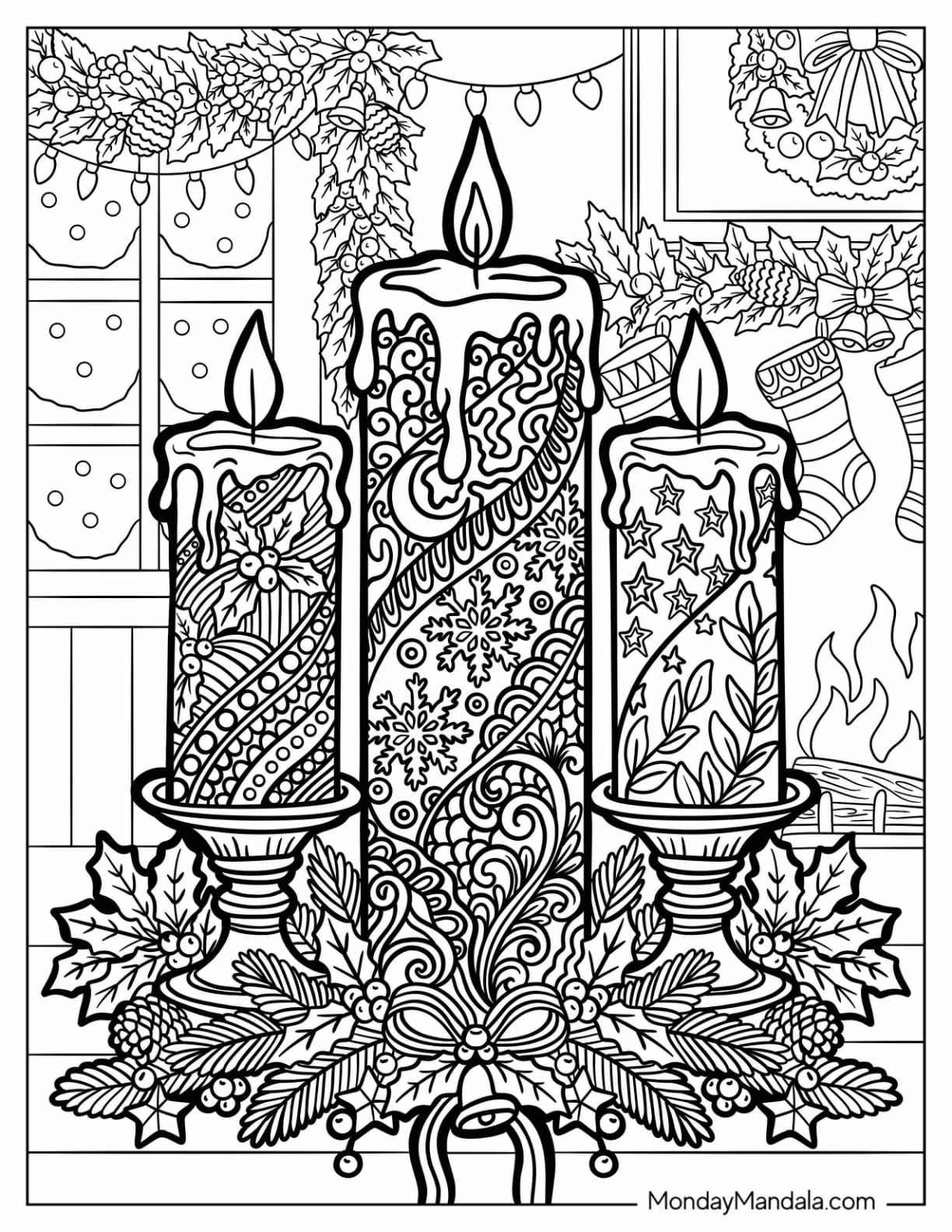 Christmas Candles with Holly, Pine, and Festive Decorations Christmas for Adults Coloring Sheet