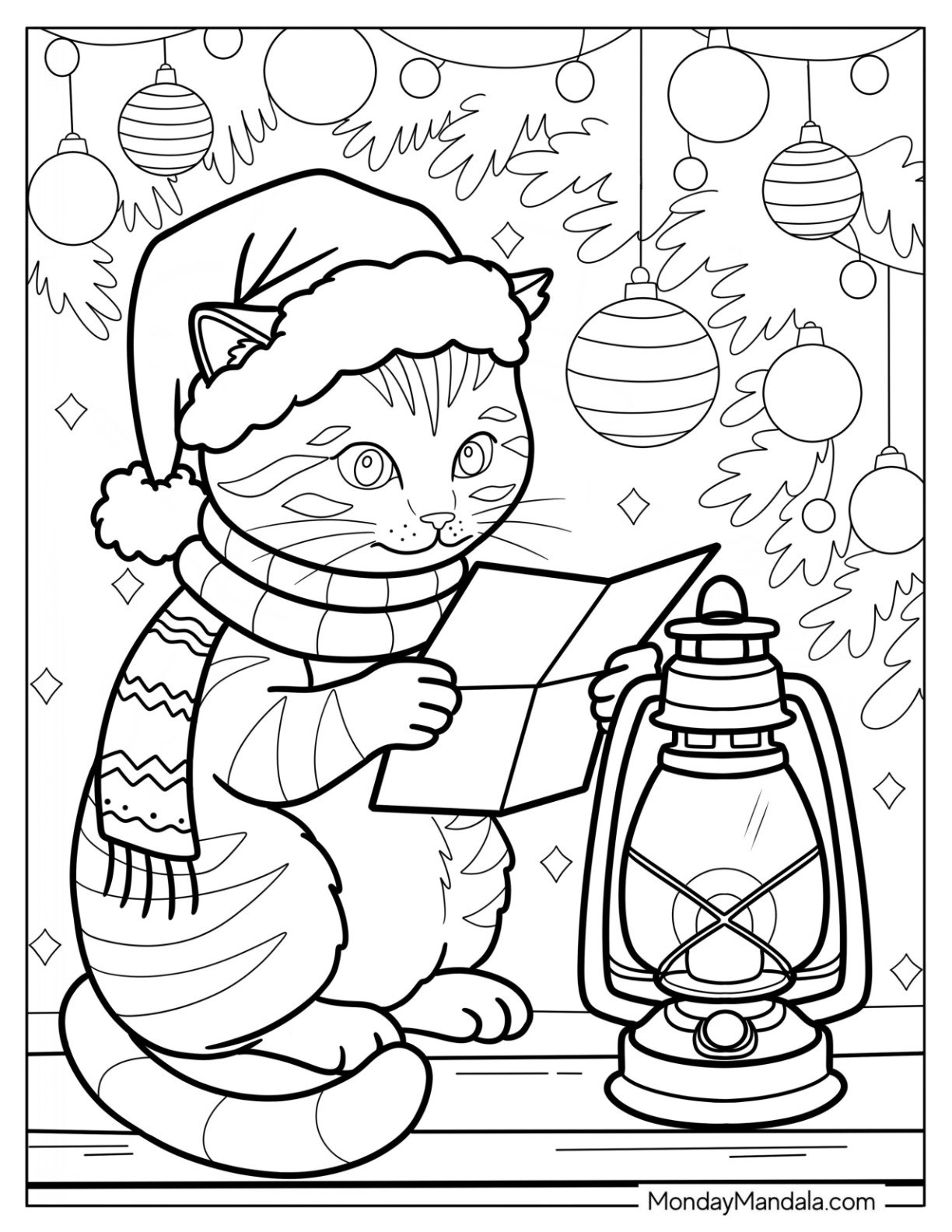 Christmas Cat Coloring Page Reading by Lantern Light
