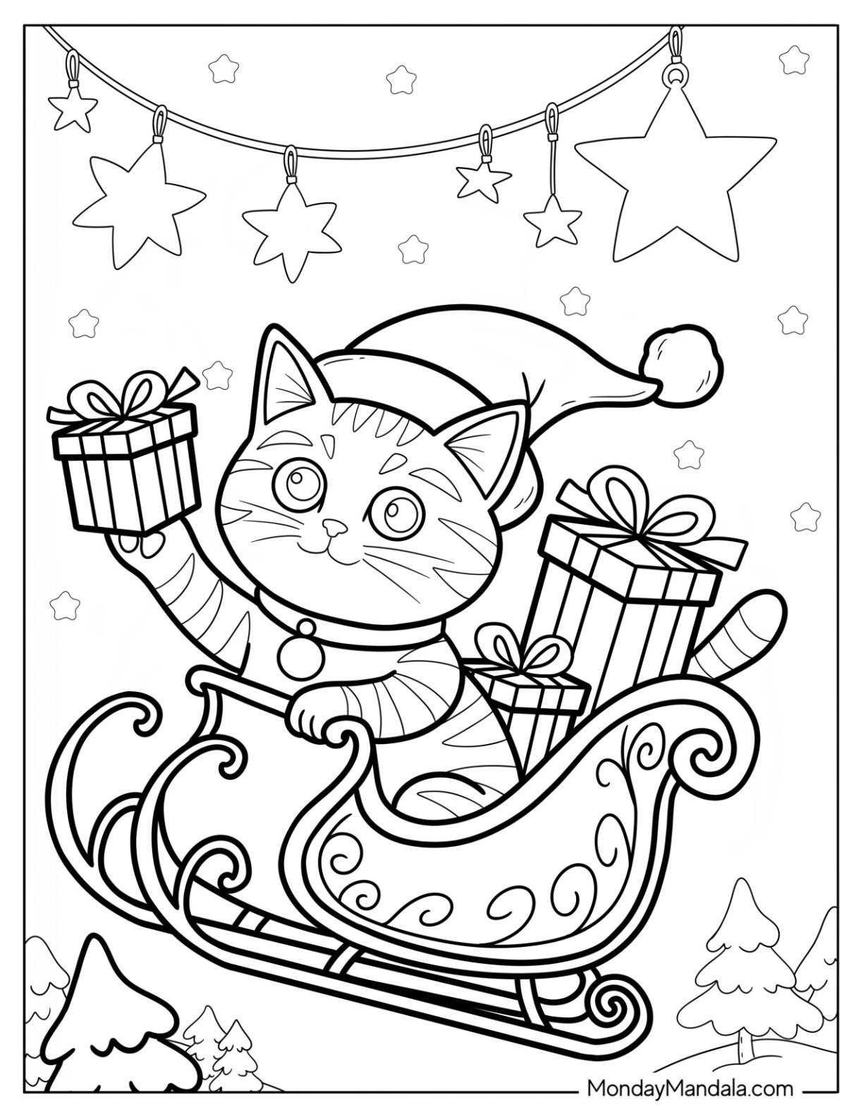 Christmas Cat Coloring Page Riding a Sleigh with Presents Under Twinkling Stars