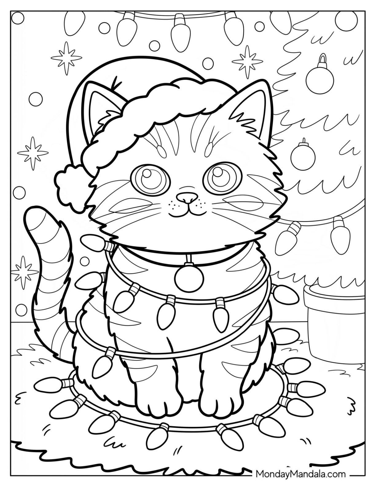 Christmas Cat Coloring Page Tangled in Holiday Lights