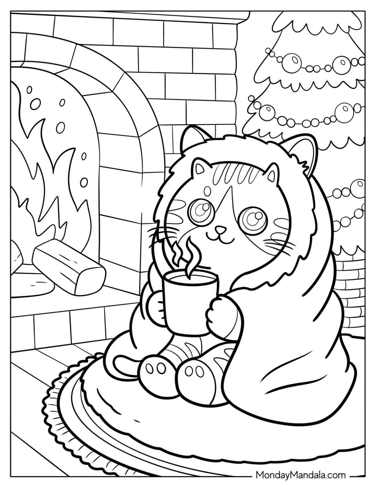 Christmas Cat Coloring Page Wrapped in a Wool Blanket with a Hot Drink Next to Fireplace