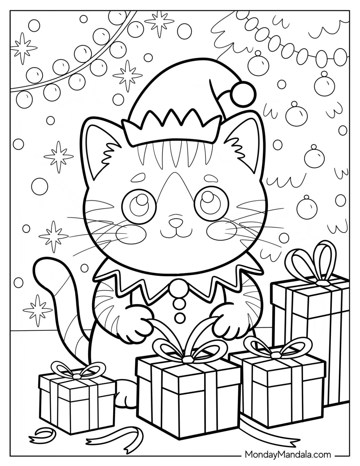 Christmas Cat Coloring Page in Elf Hat Surrounded by Holiday Gifts for Kids